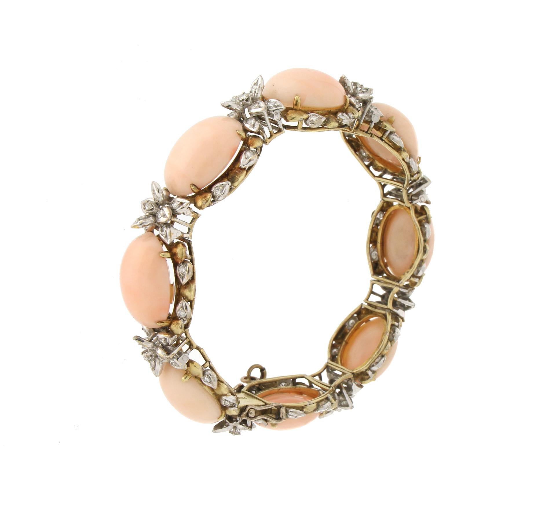 Women's Handcraft Angel Skin Coral 18 Karat Gold Diamonds Cuff Bracelet For Sale