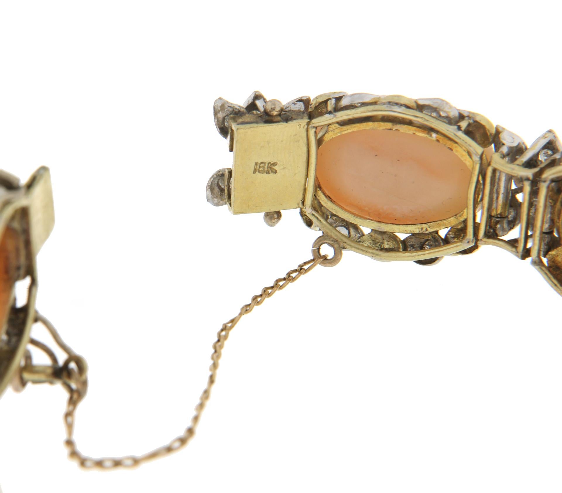 Handcraft Angel Skin Coral 18 Karat Gold Diamonds Cuff Bracelet For Sale 3