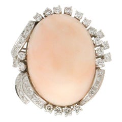 Handcraft Angel Skin Coral 18 Karat White Gold Diamonds Cocktail Ring