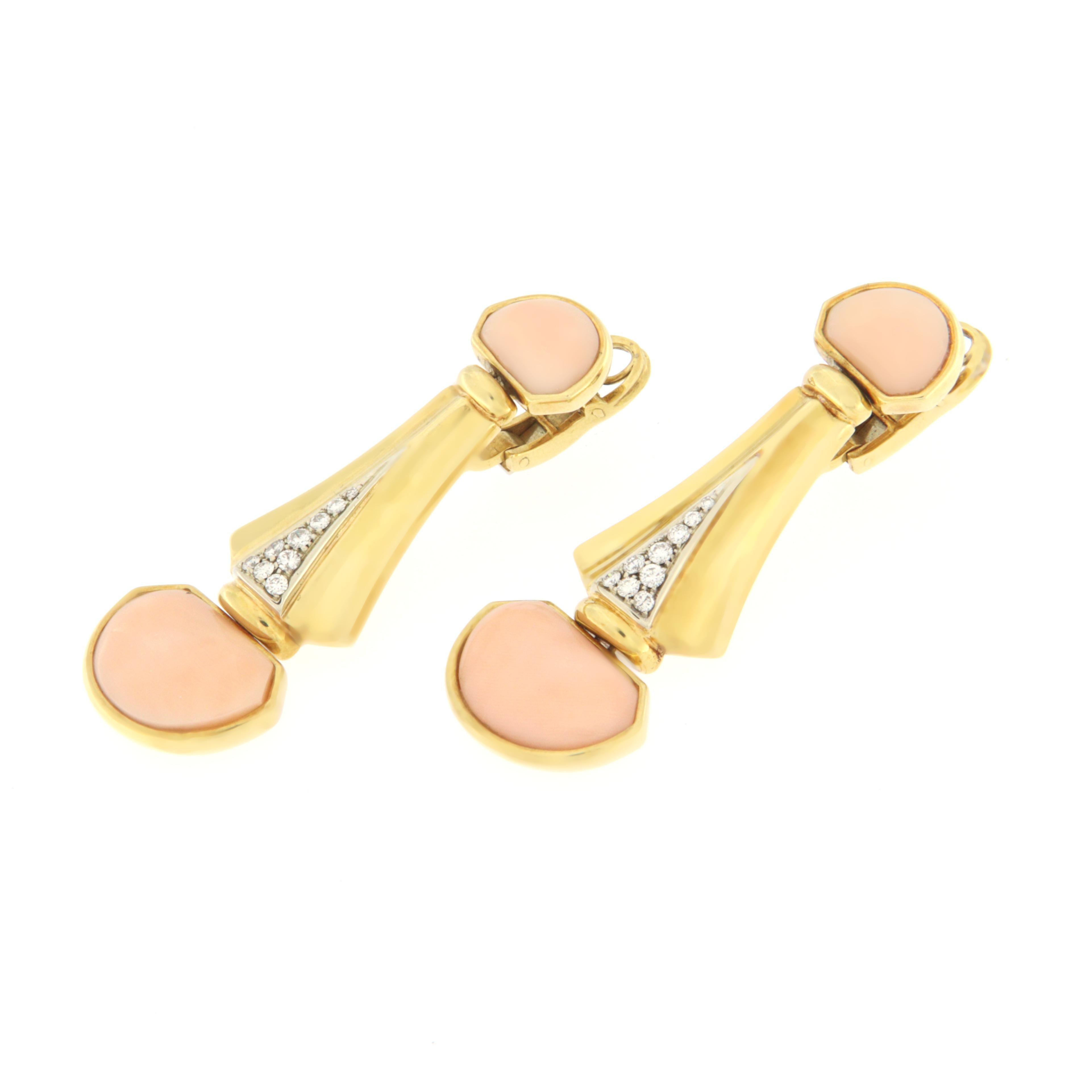 Retro Handcraft Angel Skin Coral 18 Karat Yellow Gold Diamonds Drop Earrings For Sale