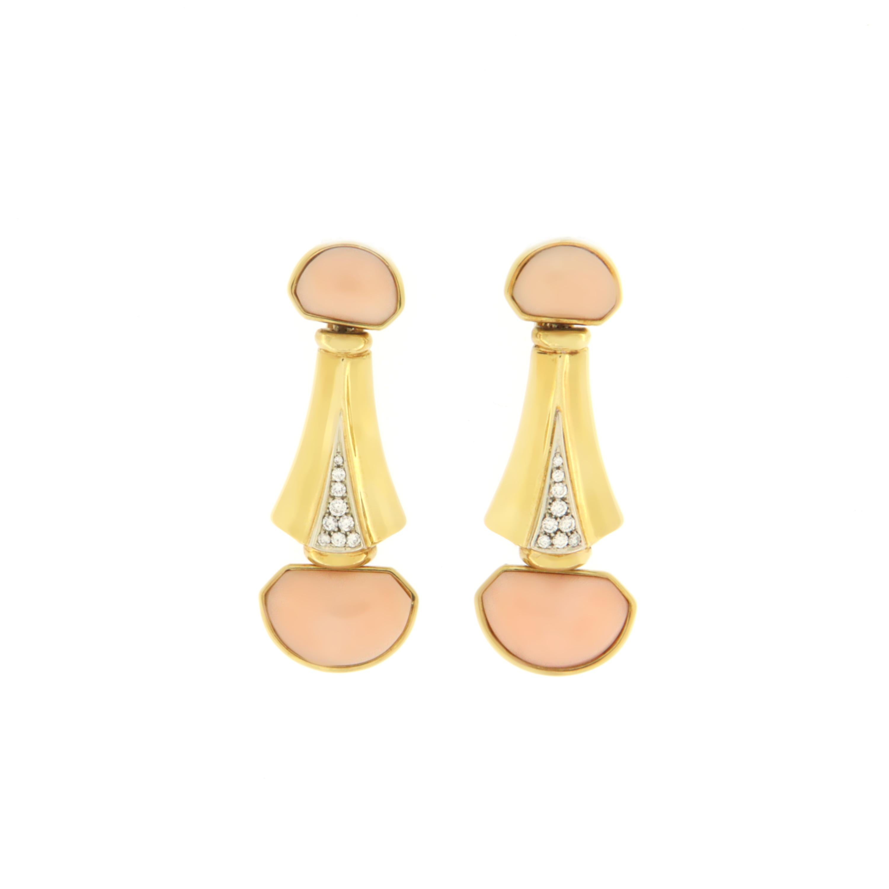 Handcraft Angel Skin Coral 18 Karat Yellow Gold Diamonds Drop Earrings For Sale 1