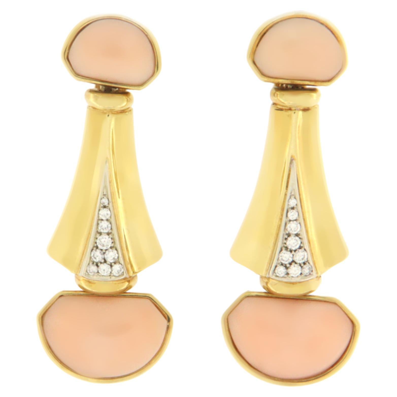 Handcraft Angel Skin Coral 18 Karat Yellow Gold Diamonds Drop Earrings