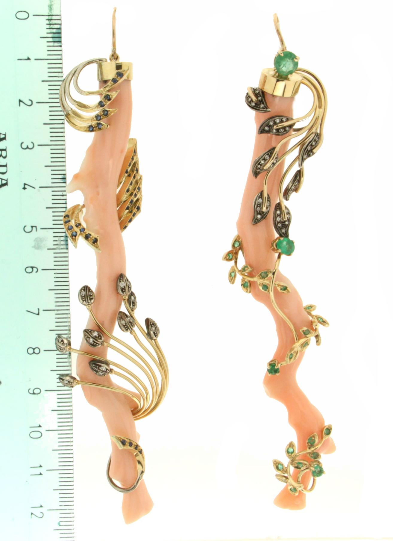 Round Cut Handcraft Angel Skin Coral Branches 14 Karat Yellow Gold Drop Earrings For Sale
