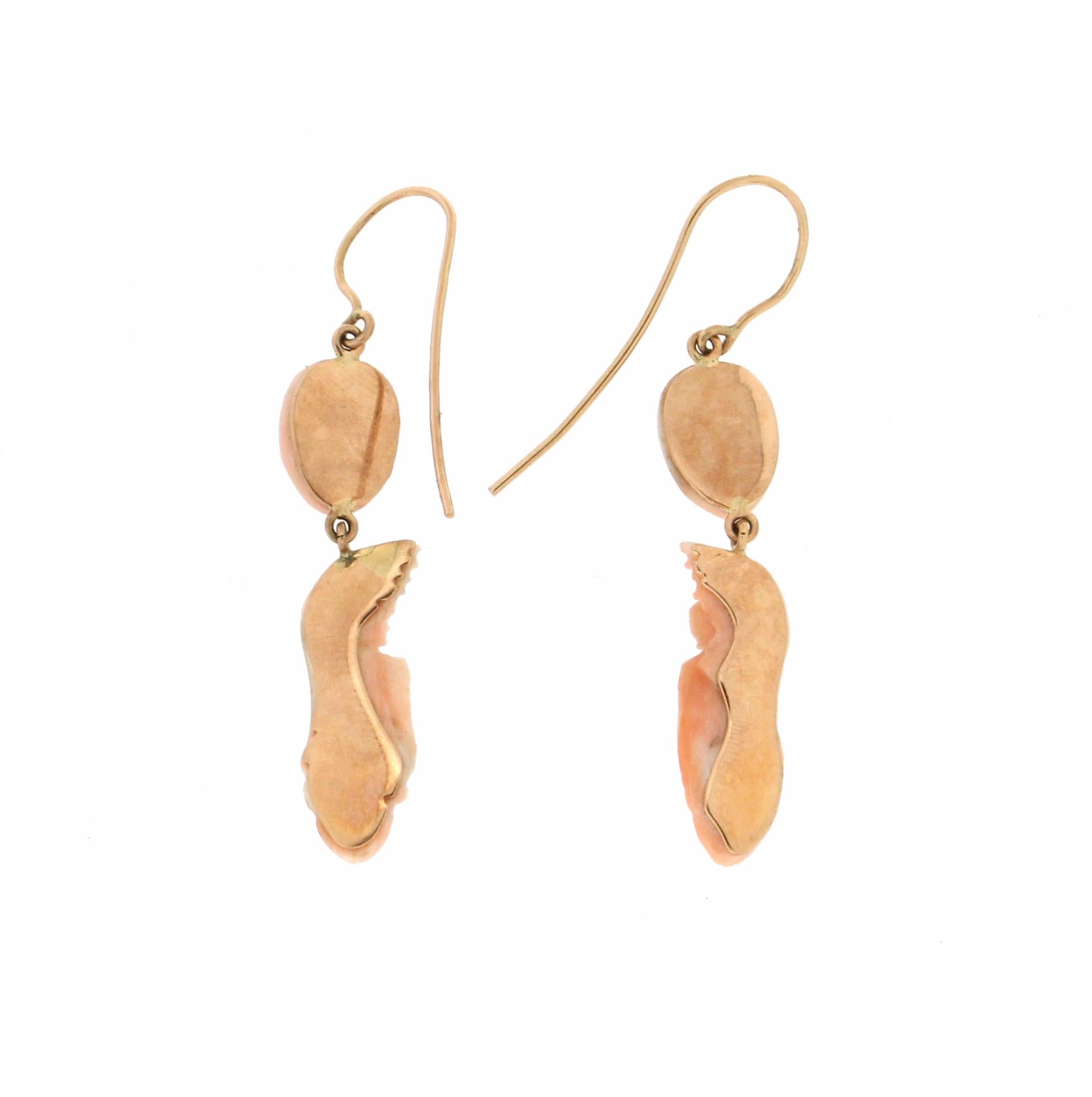 Artisan Handcraft Angels Coral 14 Karat Yellow Gold Drop Earrings For Sale