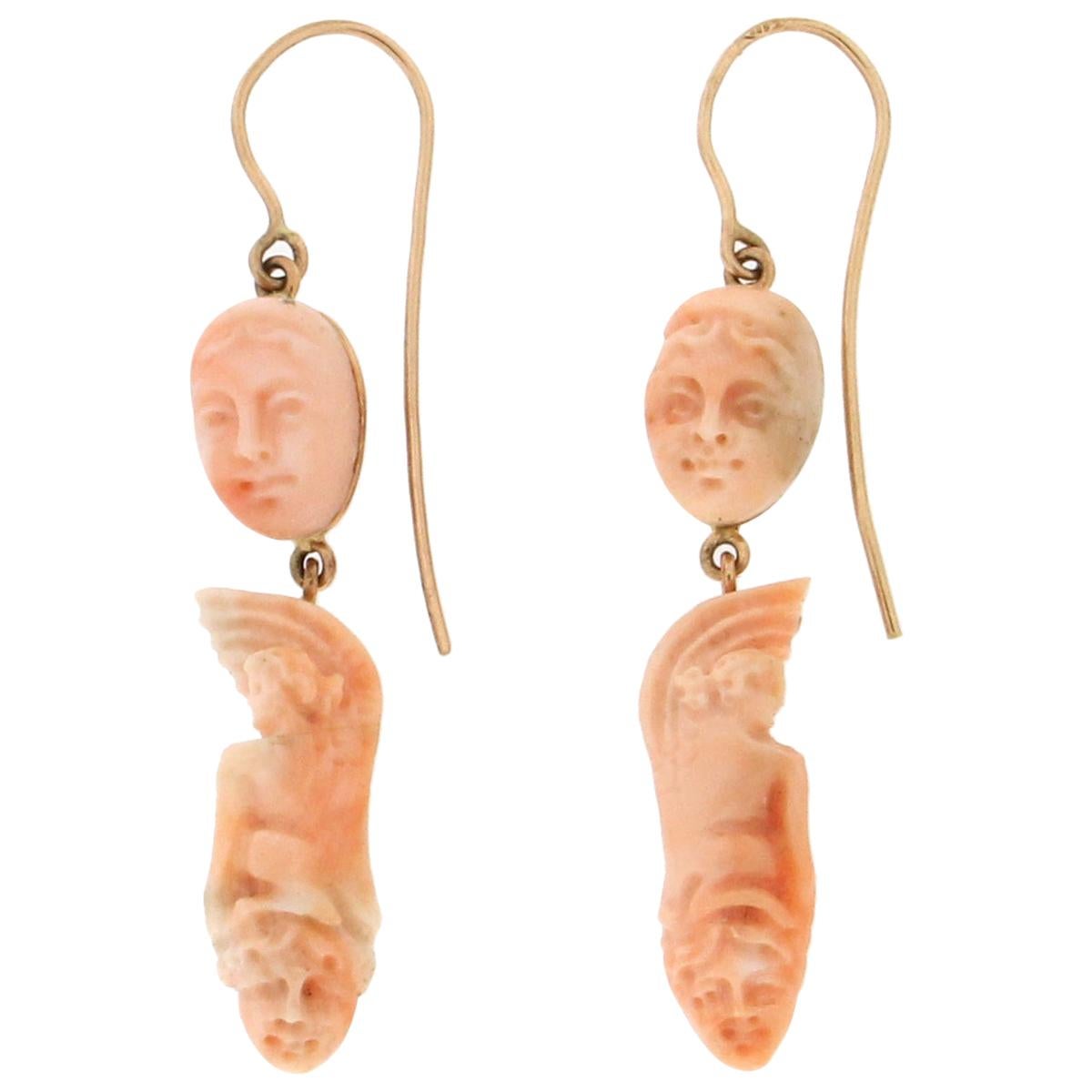Handcraft Angels Coral 14 Karat Yellow Gold Drop Earrings For Sale