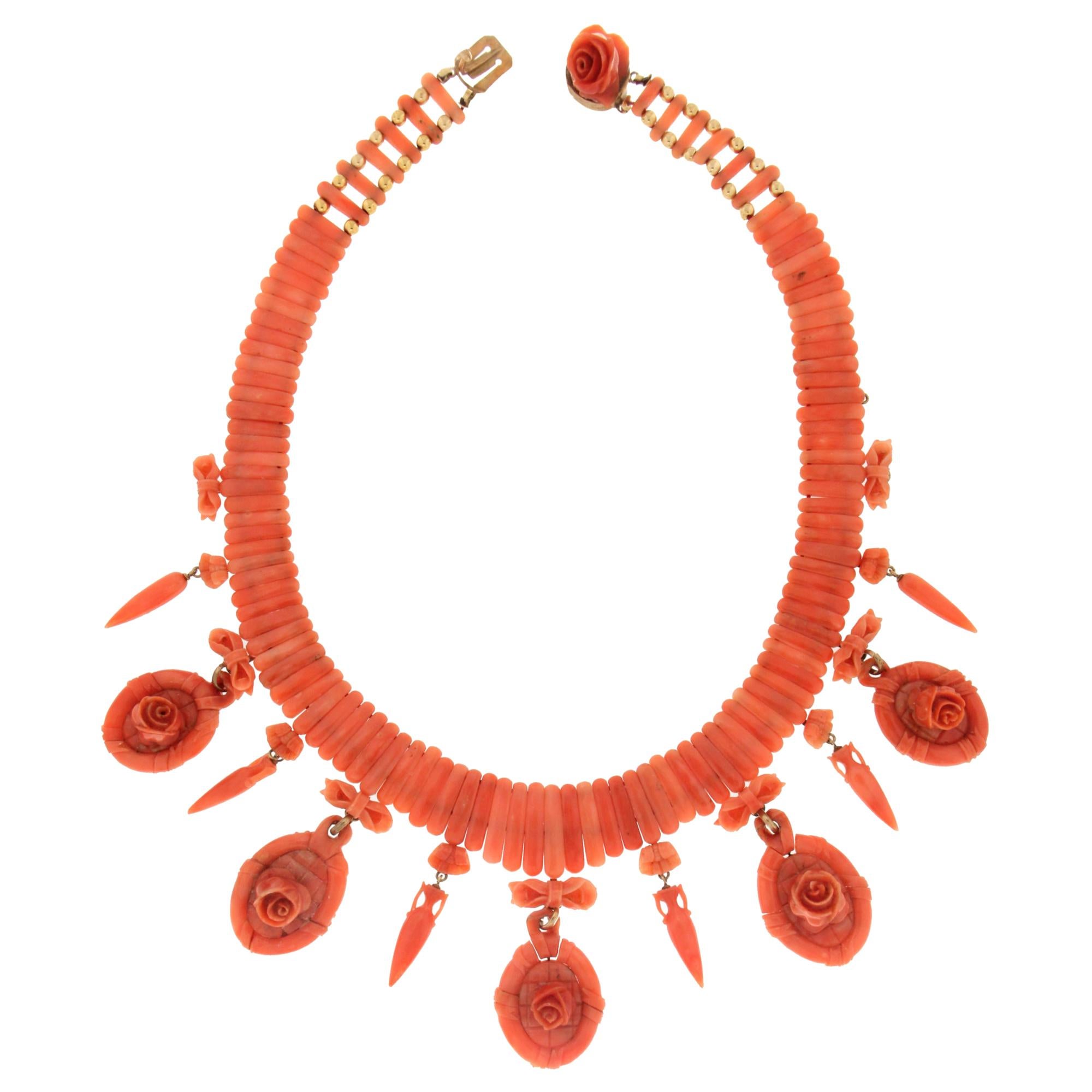 Handcraft Antique 14 Karat Yellow Gold Sicily Coral Choker Necklace For Sale