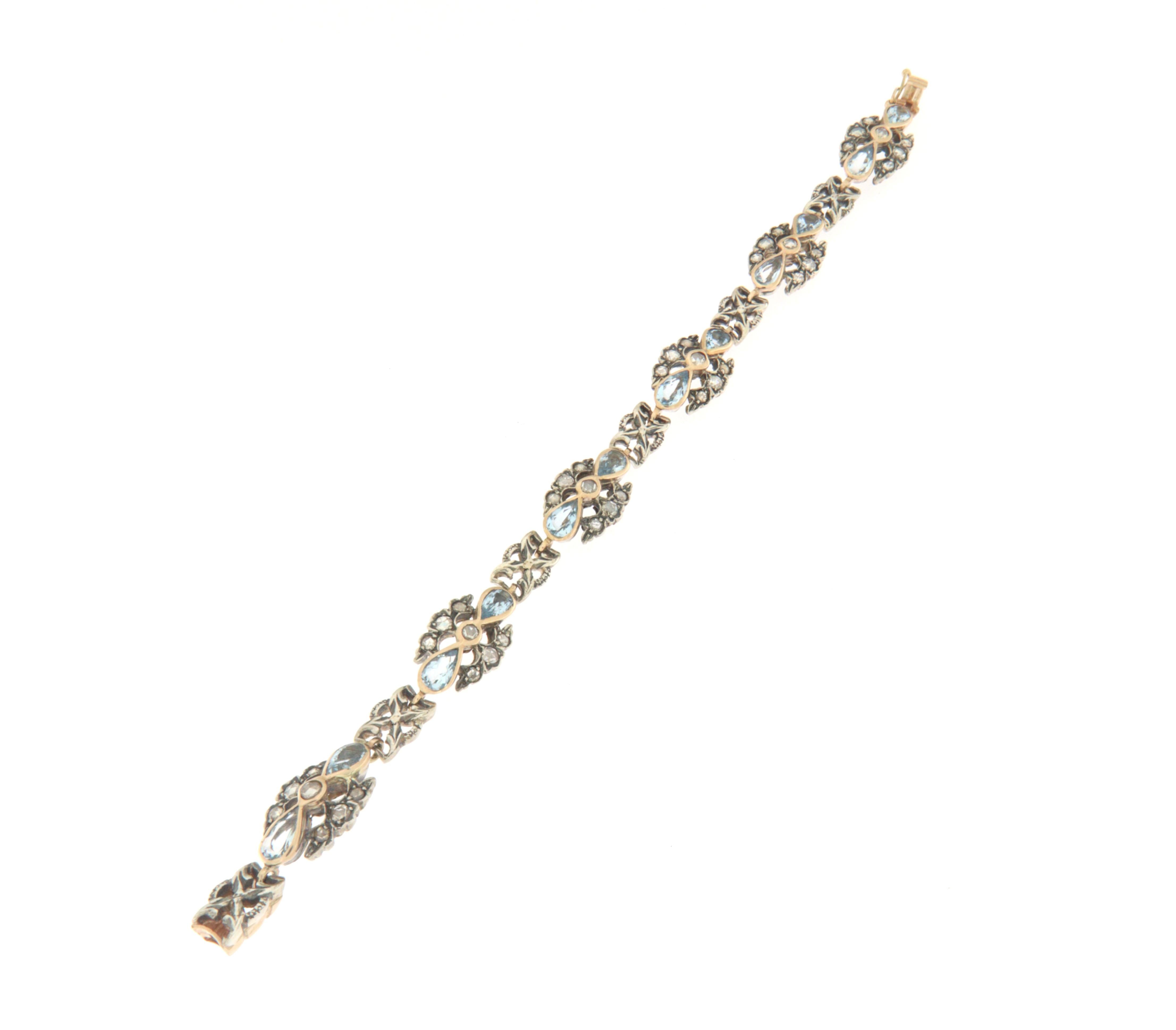 Artisan Bracelet manchette artisanal en or jaune 14 carats avec aigue-marine et diamants en vente