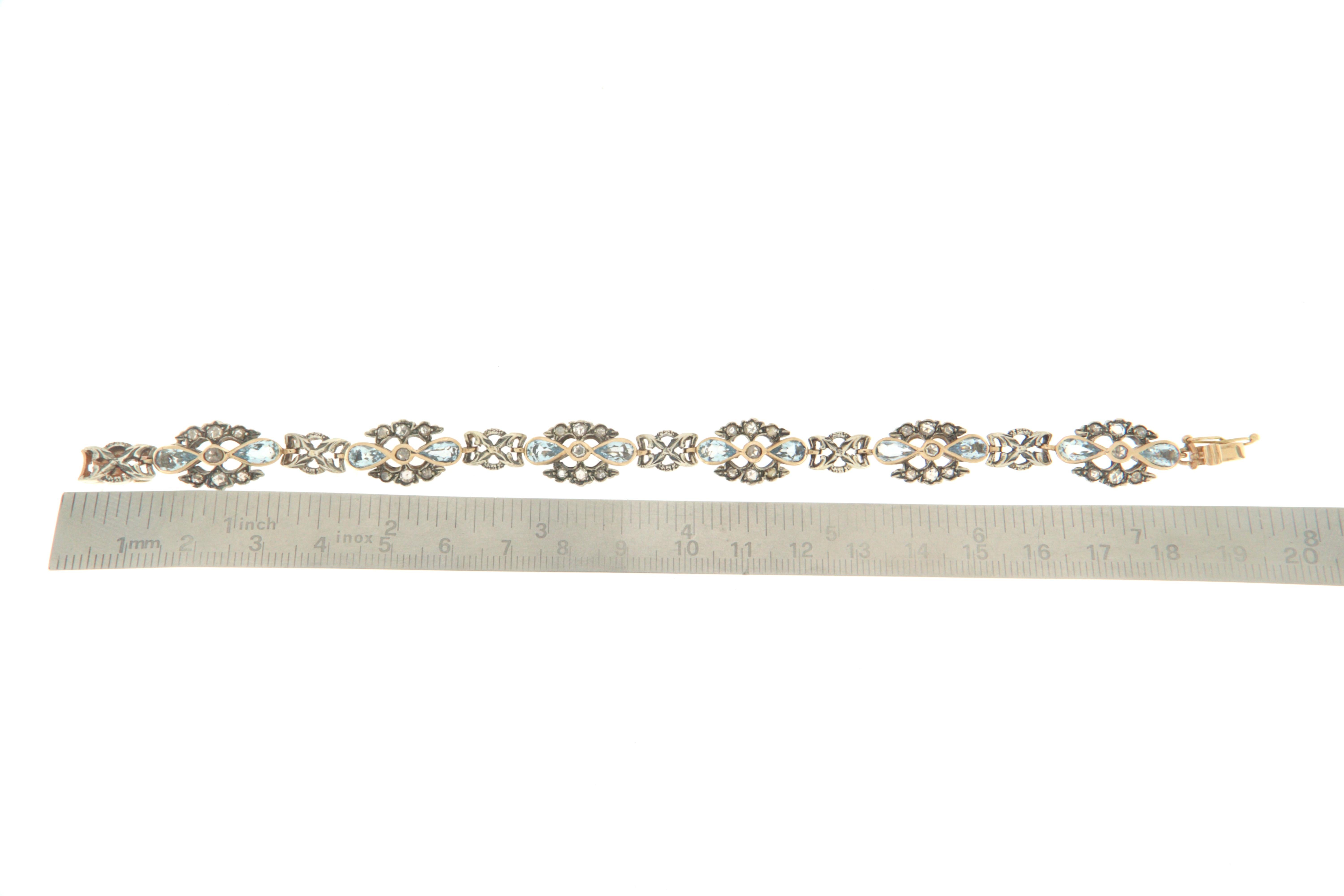 Bracelet manchette artisanal en or jaune 14 carats avec aigue-marine et diamants Neuf - En vente à Marcianise, IT