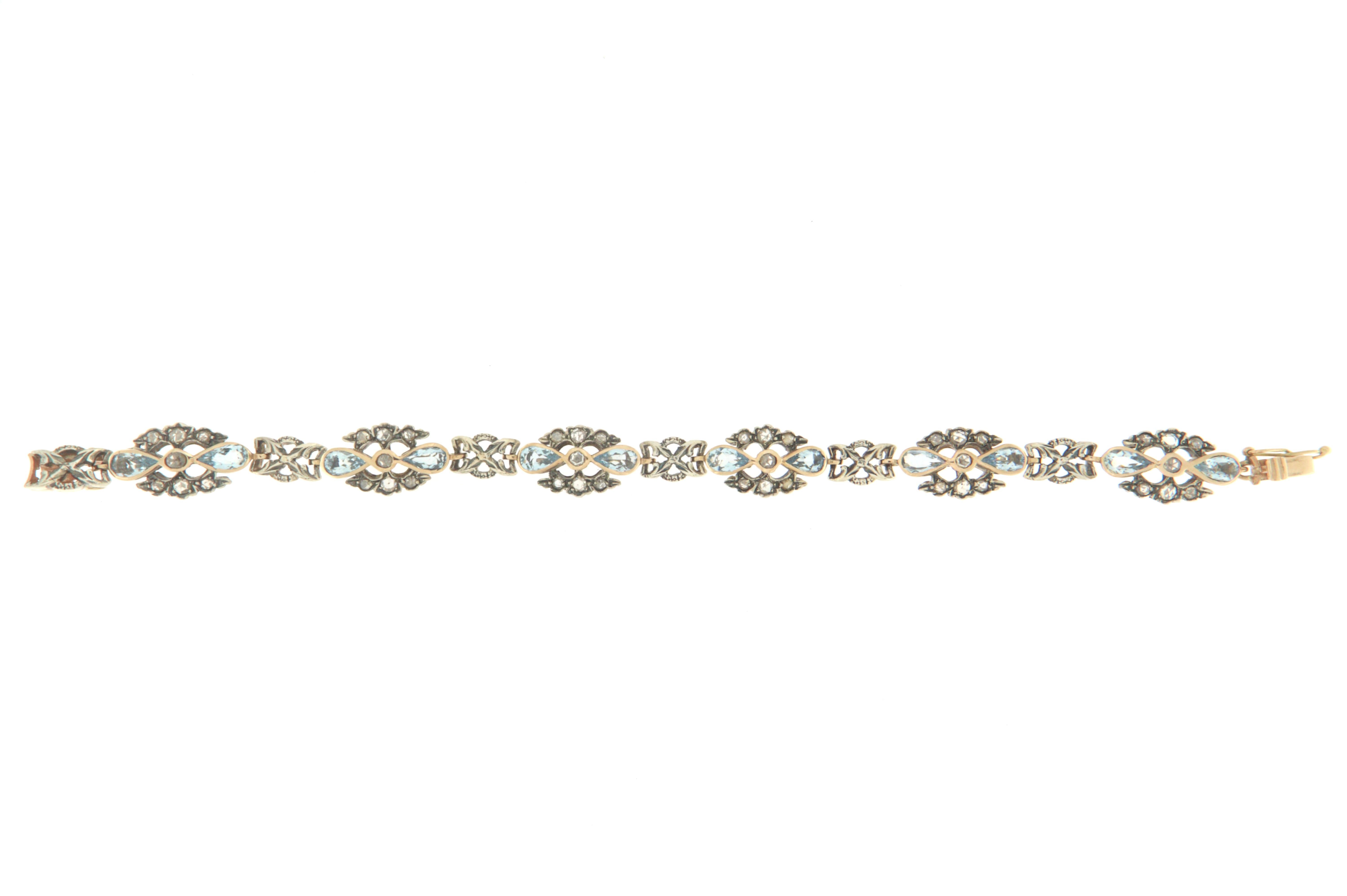 Bracelet manchette artisanal en or jaune 14 carats avec aigue-marine et diamants Pour femmes en vente
