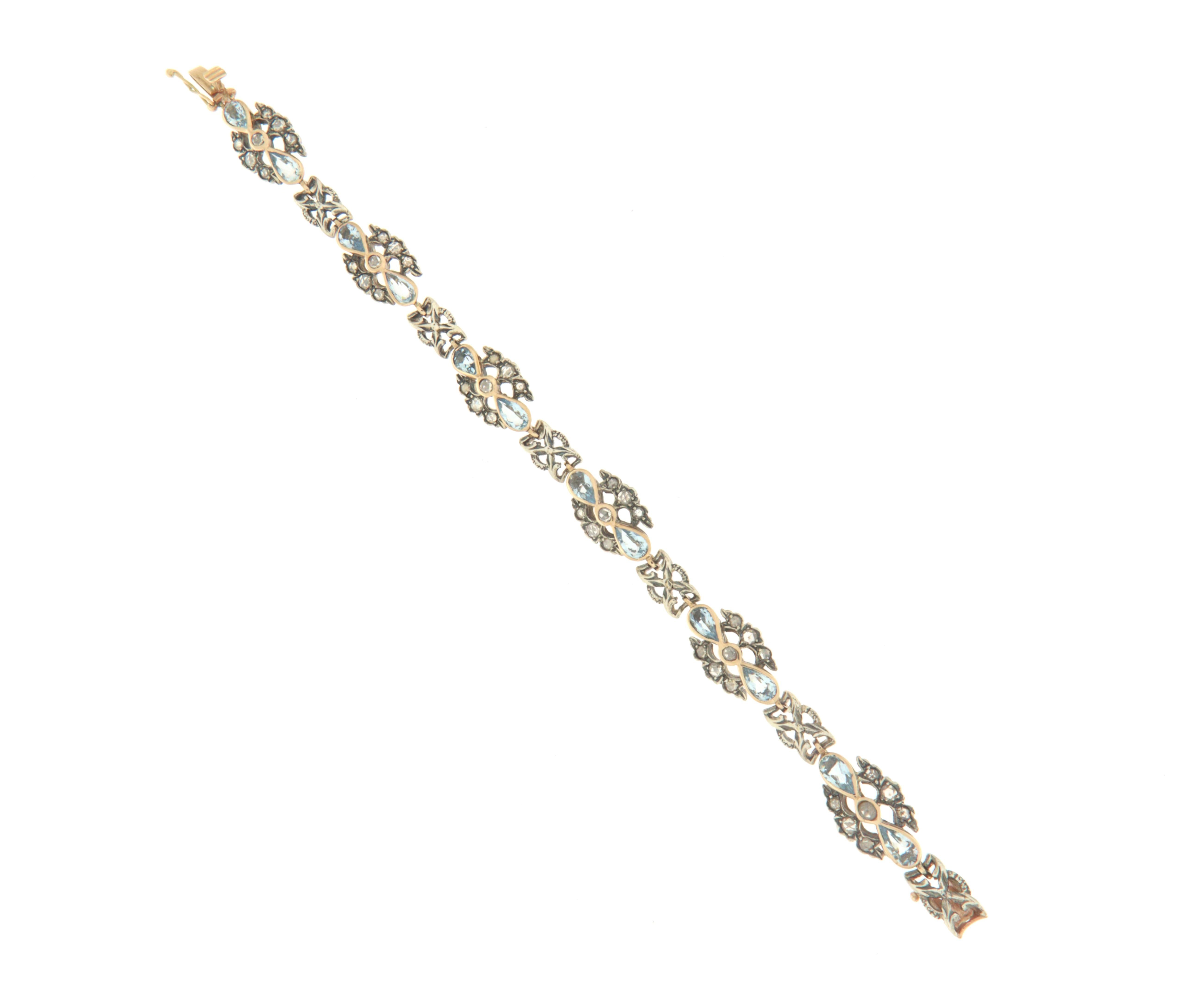 Bracelet manchette artisanal en or jaune 14 carats avec aigue-marine et diamants en vente 1