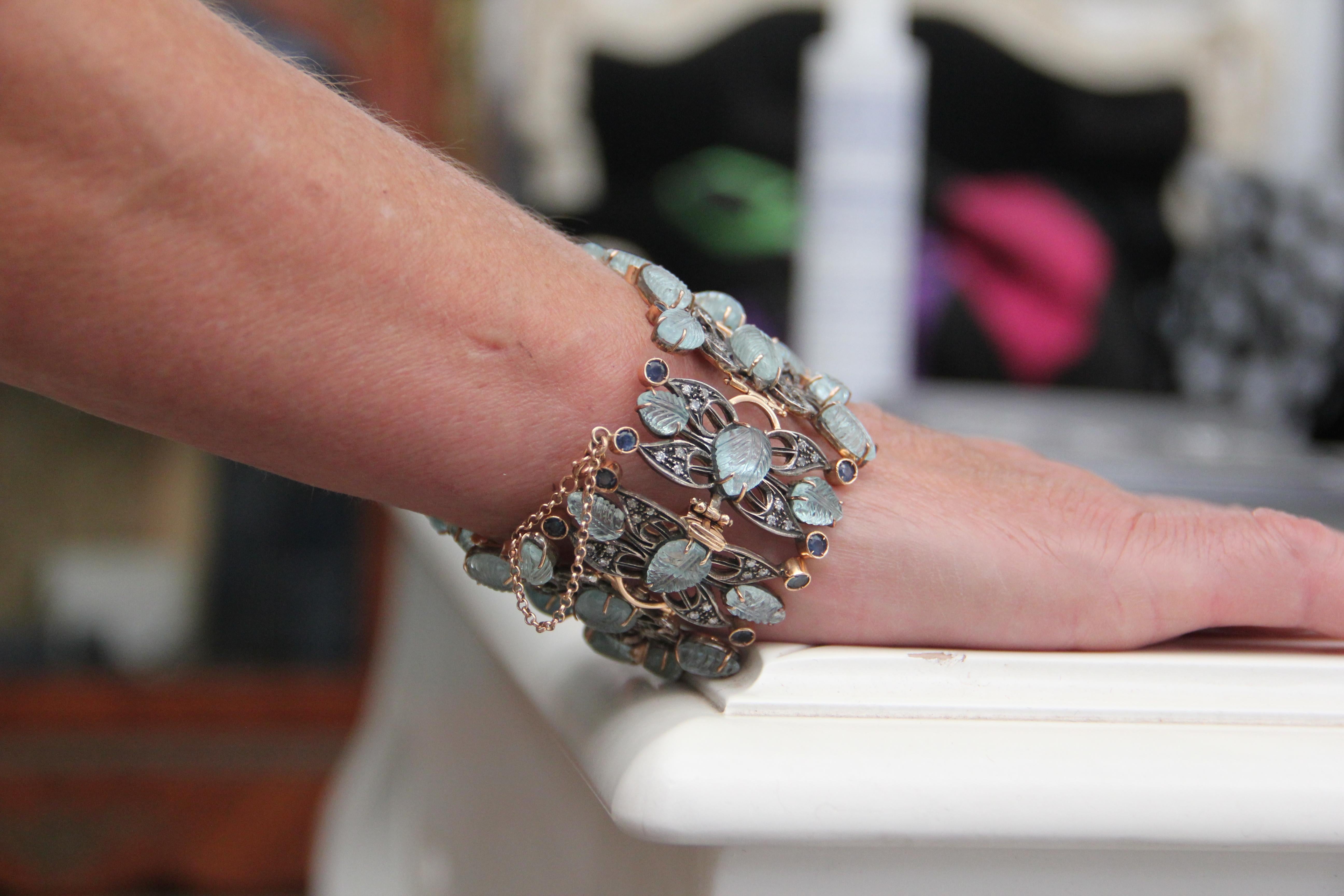 Handcraft Aquamarine 14 Karat Yellow Gold Diamonds Sapphires Cuff Bracelet For Sale 3
