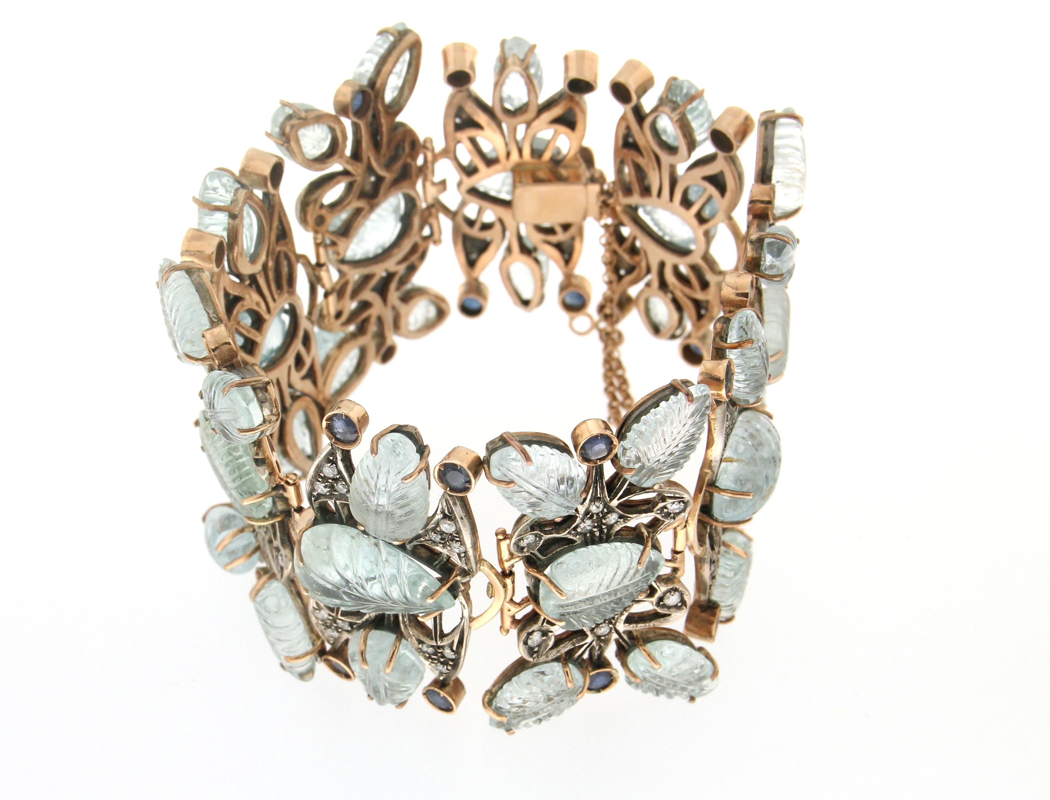 Artisan Handcraft Aquamarine 14 Karat Yellow Gold Diamonds Sapphires Cuff Bracelet For Sale