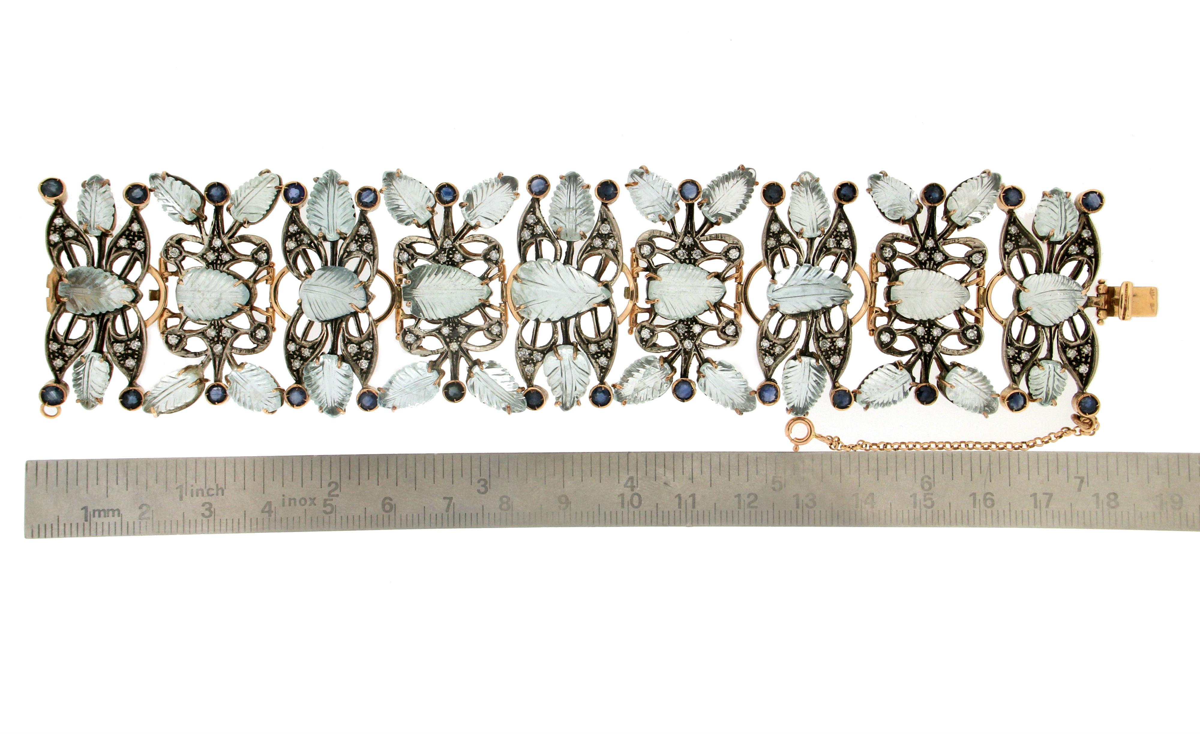 Round Cut Handcraft Aquamarine 14 Karat Yellow Gold Diamonds Sapphires Cuff Bracelet For Sale