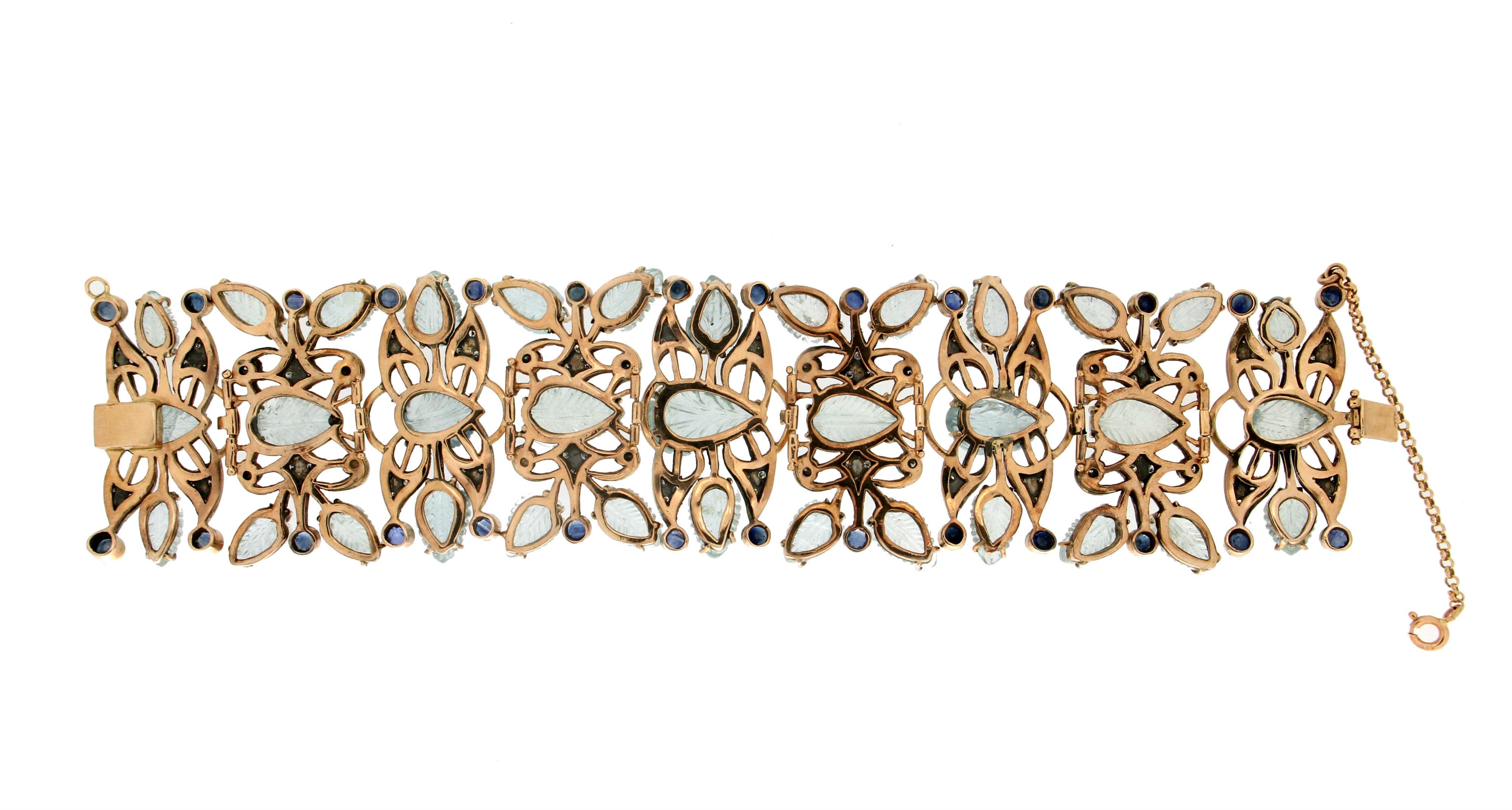 Handcraft Aquamarine 14 Karat Yellow Gold Diamonds Sapphires Cuff Bracelet In New Condition In Marcianise, IT