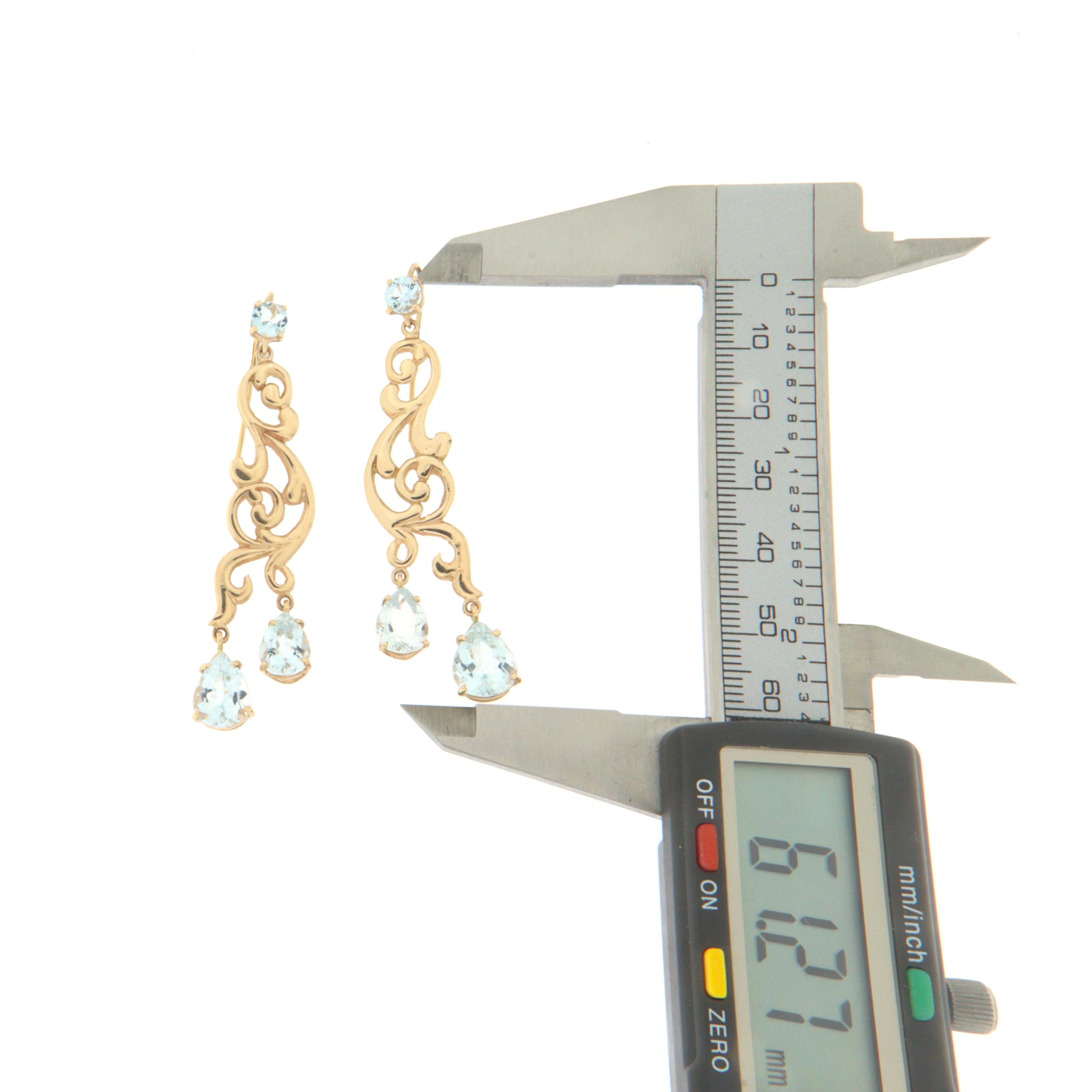 Handcraft Aquamarine 14 Karat Yellow Gold Drop Earrings In New Condition For Sale In Marcianise, IT