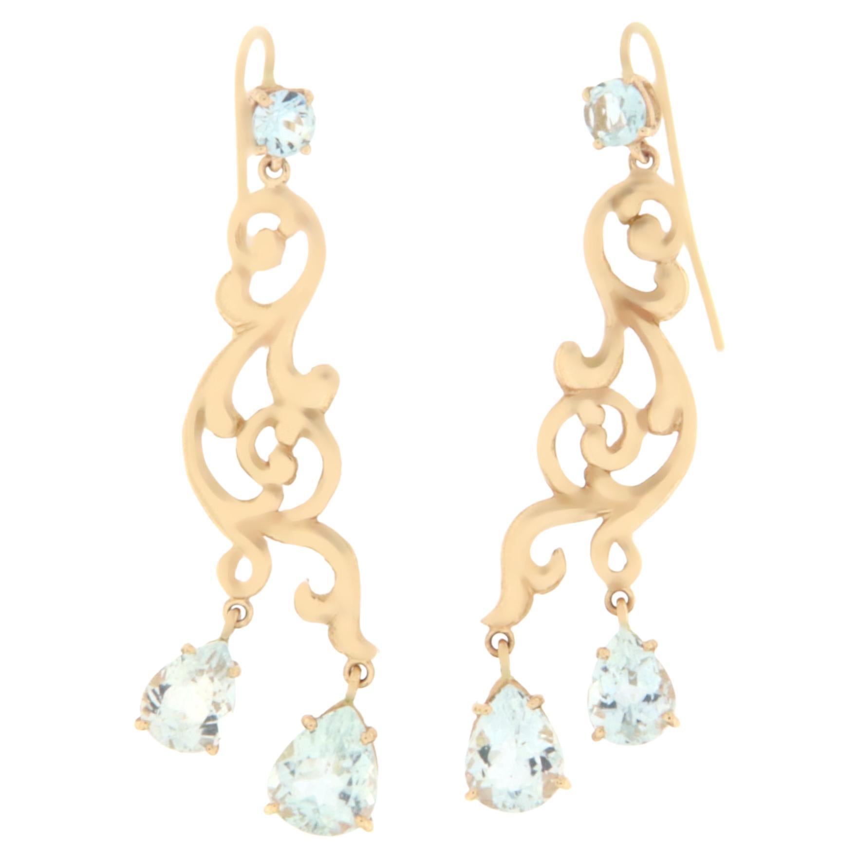 Handcraft Aquamarine 14 Karat Yellow Gold Drop Earrings For Sale