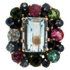 Handcraft Aquamarine 14 Karat Yellow Gold Sapphires Tourmaline Cocktail Ring