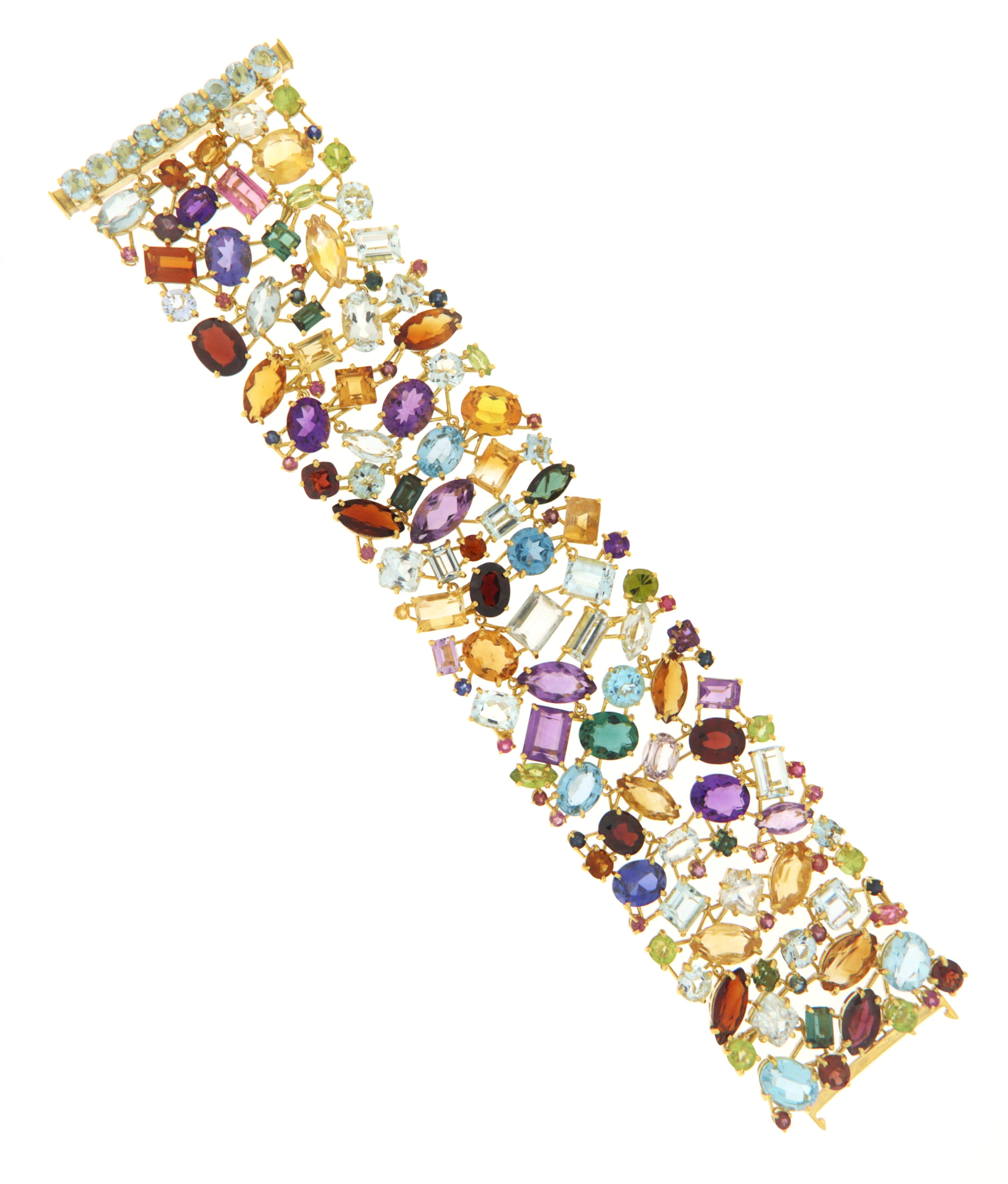 Mixed Cut Handcraft Aquamarine 14 Karat Yellow Gold Tourmaline Cuff Bracelet For Sale