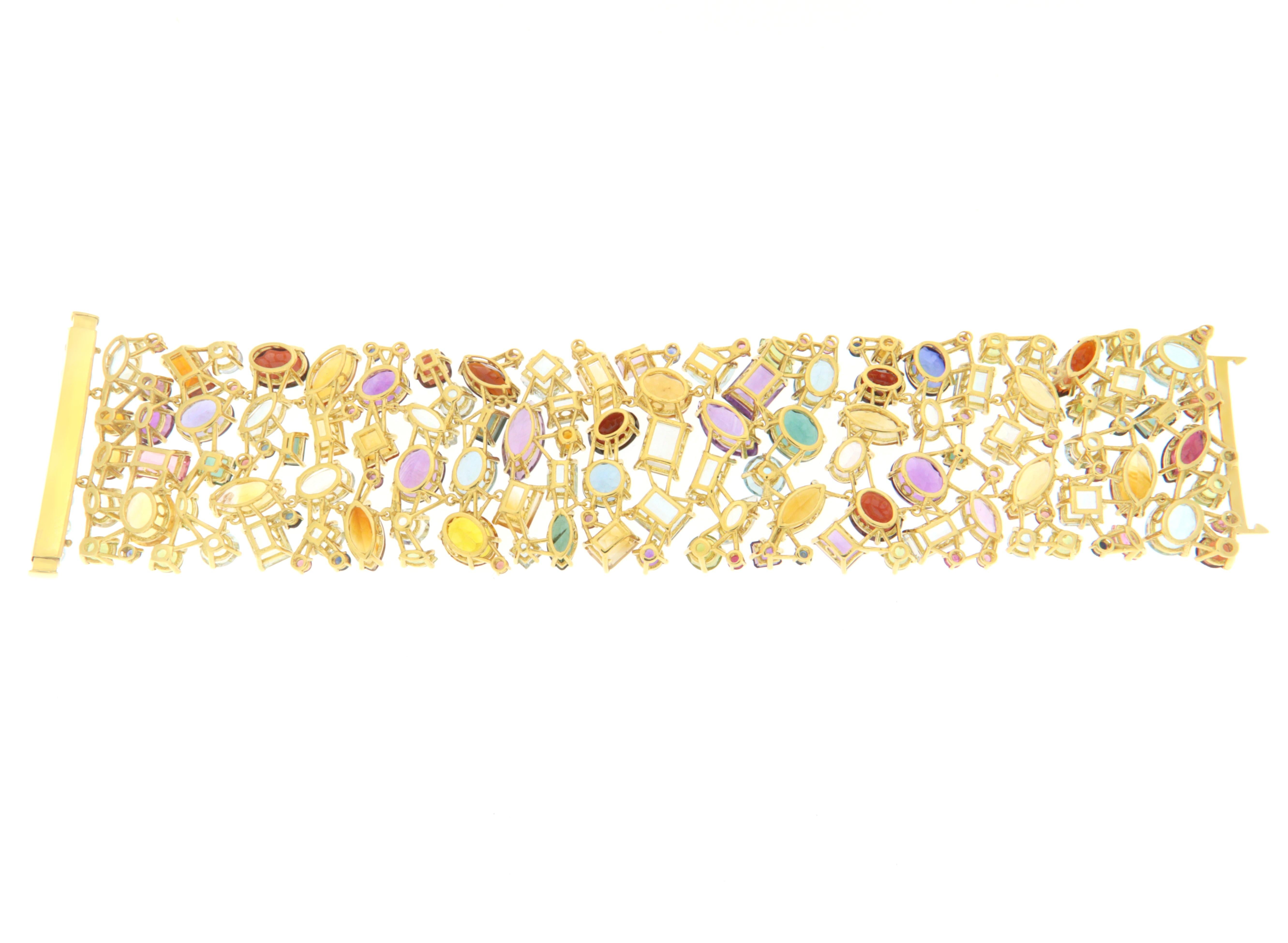 Handcraft Aquamarine 14 Karat Yellow Gold Tourmaline Cuff Bracelet For Sale 1