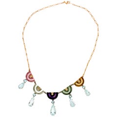 Collar Colgante Aguamarina Artesanal 18 Kilates Oro Blanco y Amarillo Diamantes