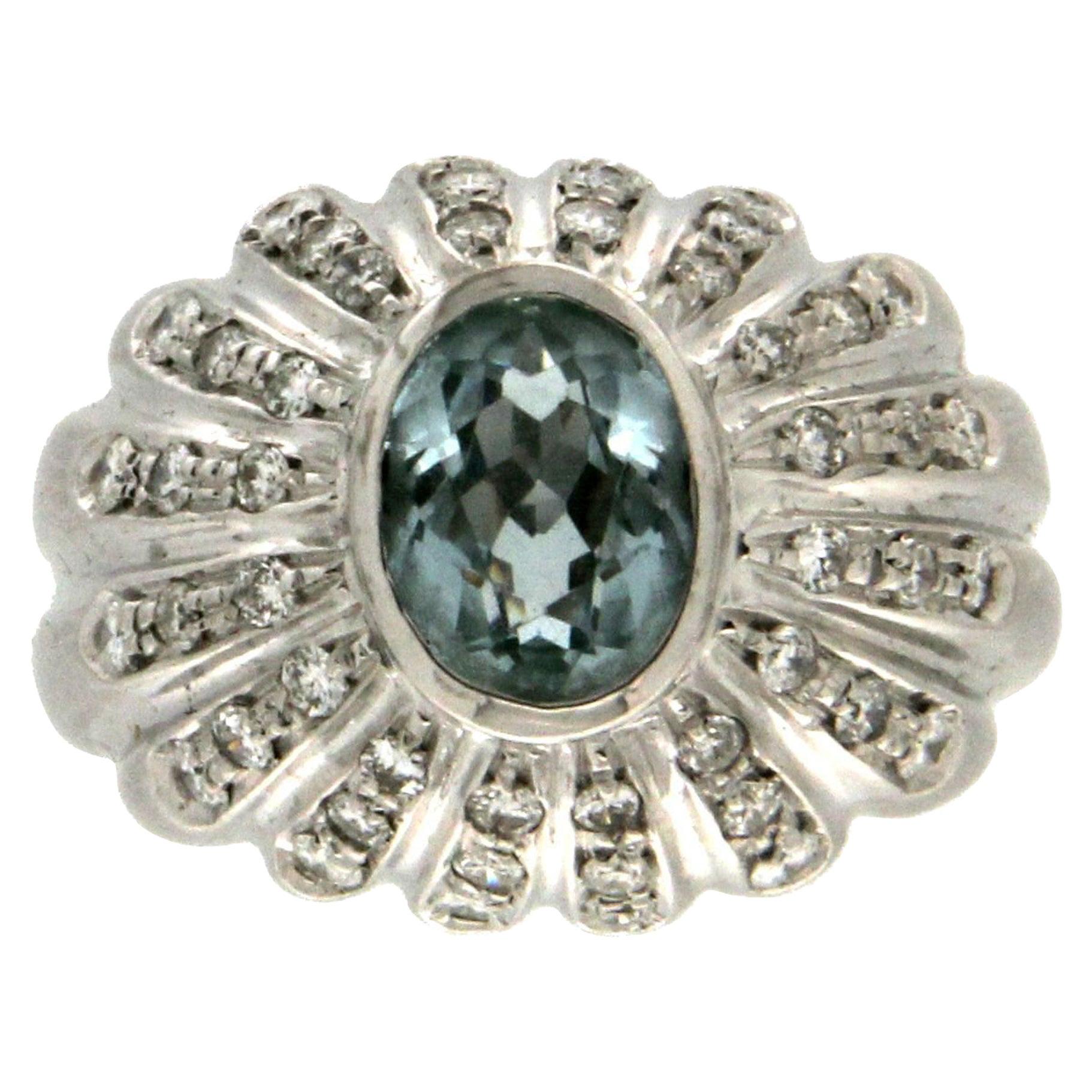 Anillo Cóctel Aguamarina Artesanal Oro Blanco 18 Kilates Diamantes