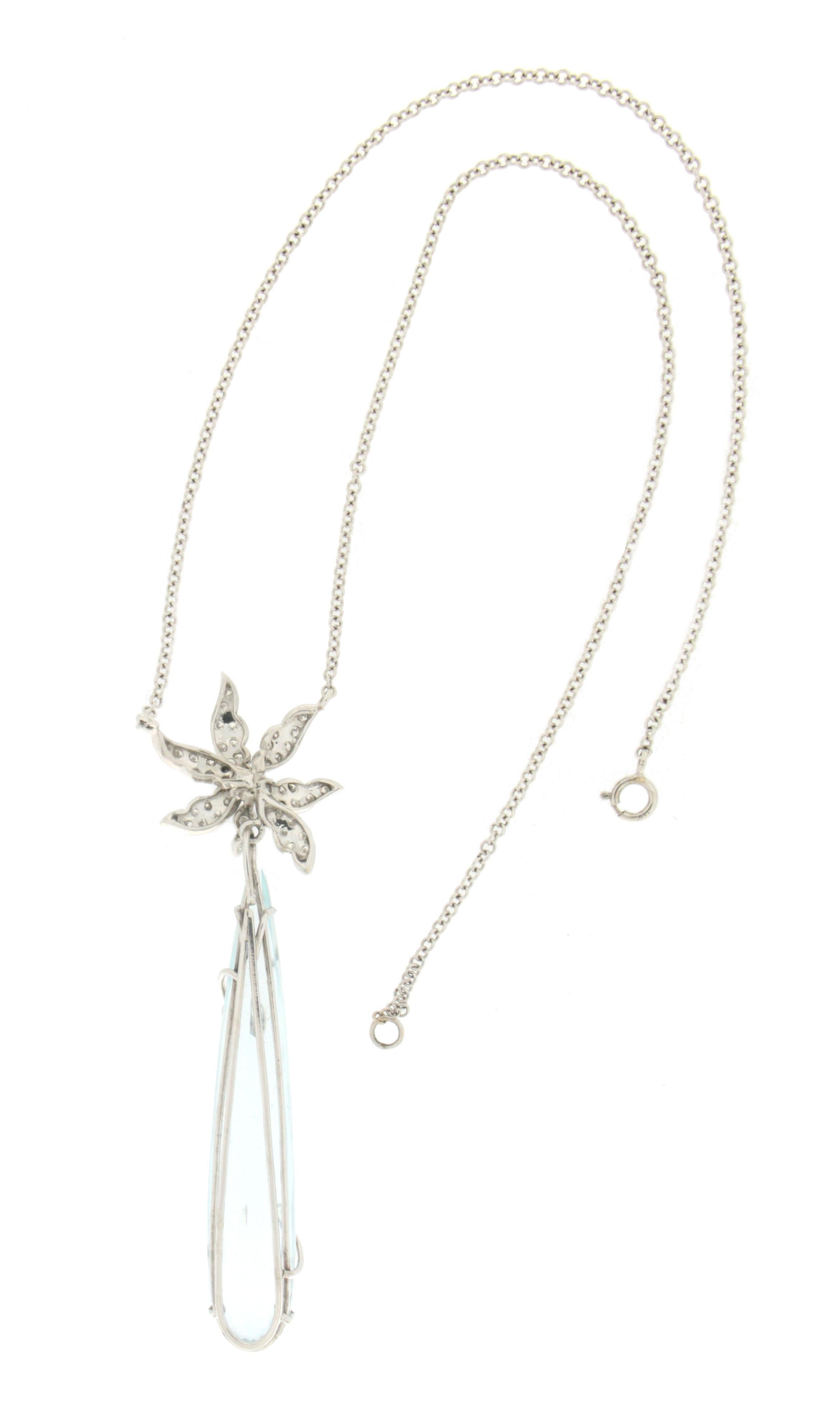 Brilliant Cut Handcraft Aquamarine 18 Karat White Gold Diamonds Drop Necklace For Sale