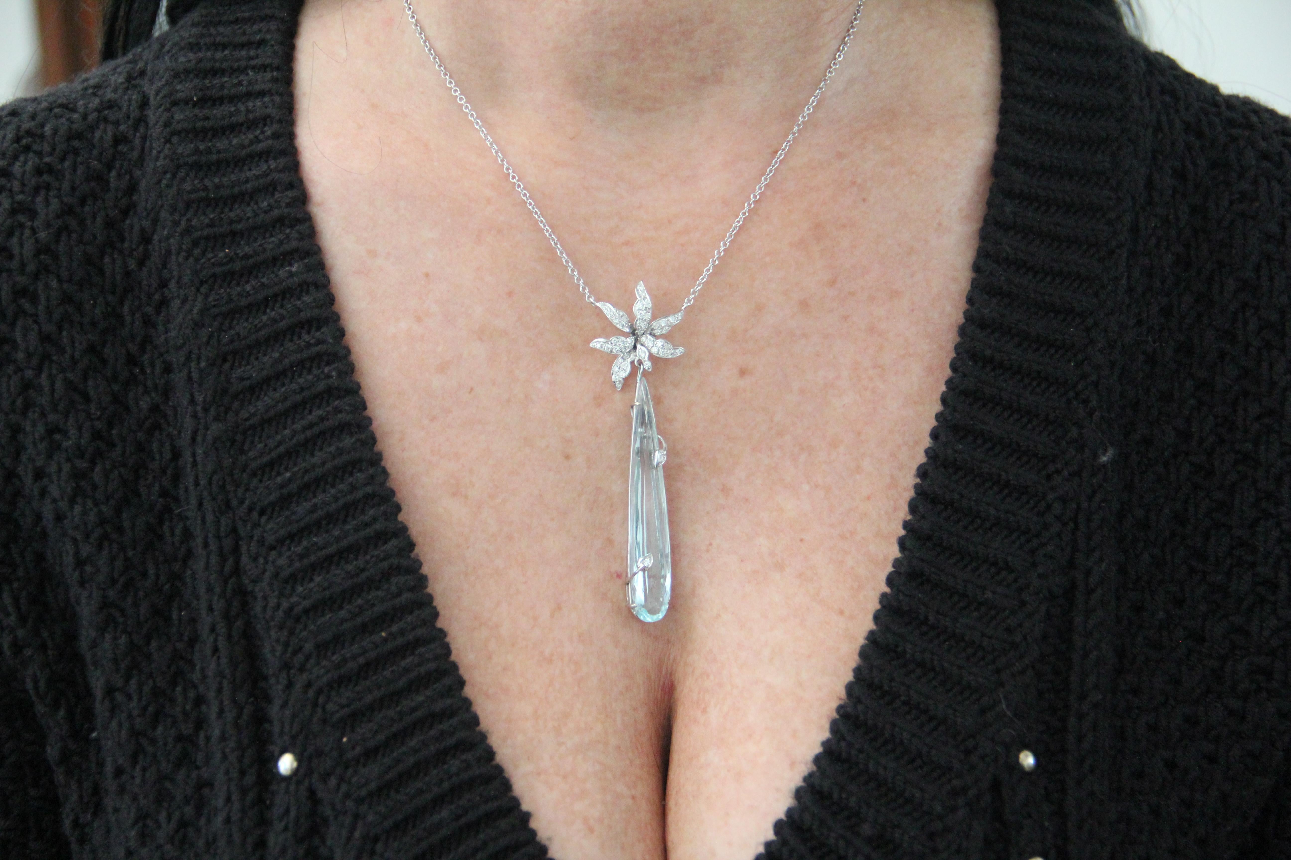da uomo o donna Collana artigianale con acquamarina e diamanti in oro bianco 18 carati in vendita