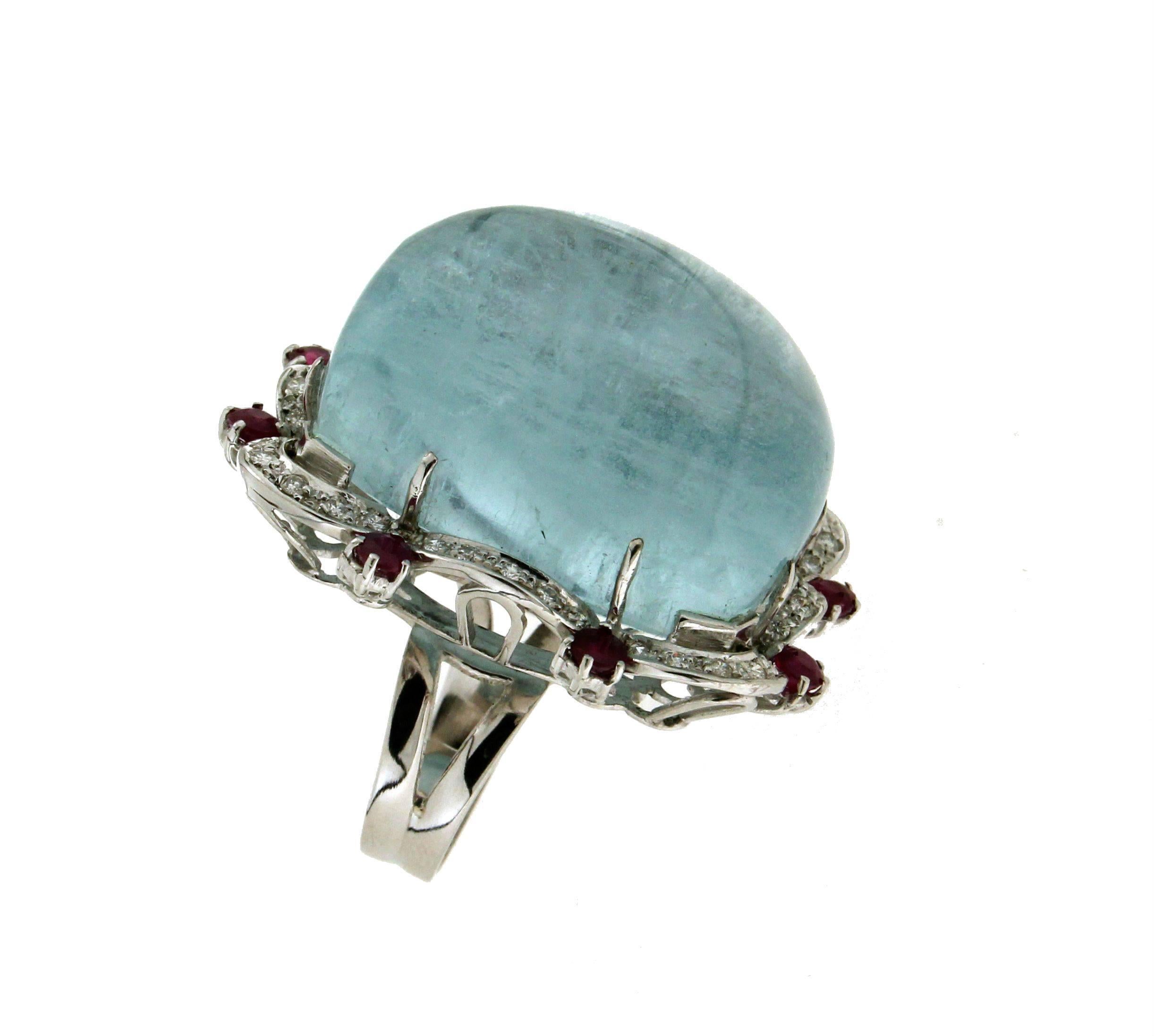 Handcraft Aquamarine 18 Karat White Gold Diamonds Ruby Cocktail Ring In New Condition For Sale In Marcianise, IT