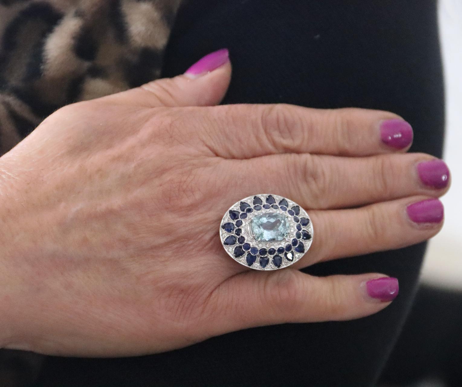  Aquamarine Diamonds Sapphires 18 Karat White Gold Cocktail Ring For Sale 5