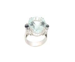 Handcraft Aquamarine 18 Karat White Gold Diamonds Sapphires Cocktail Ring