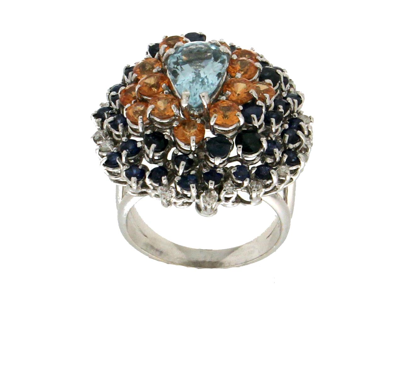 Artisan Handcraft Aquamarine 18 Karat White Gold Diamonds Sapphires Cocktail Ring