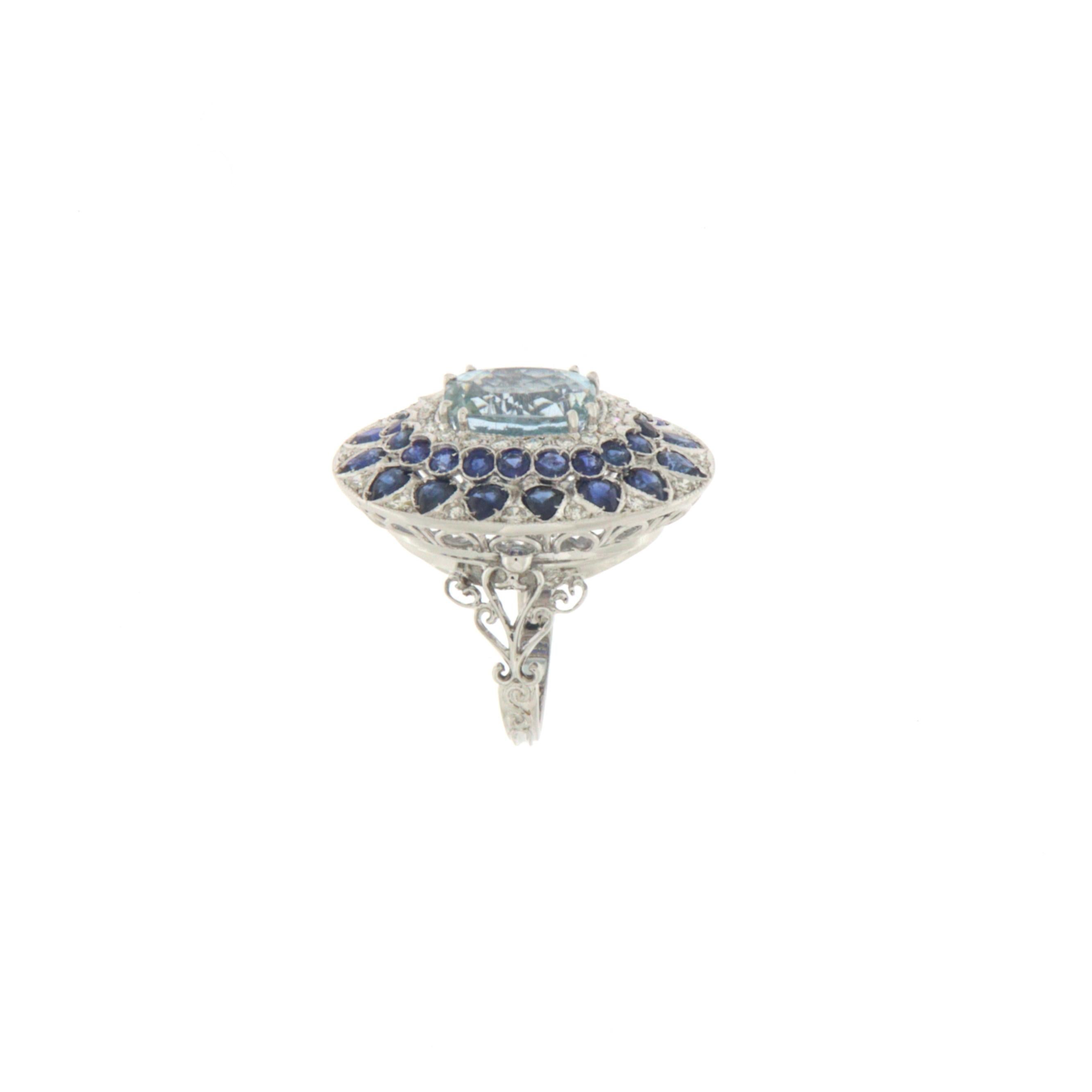 Artisan  Aquamarine Diamonds Sapphires 18 Karat White Gold Cocktail Ring For Sale