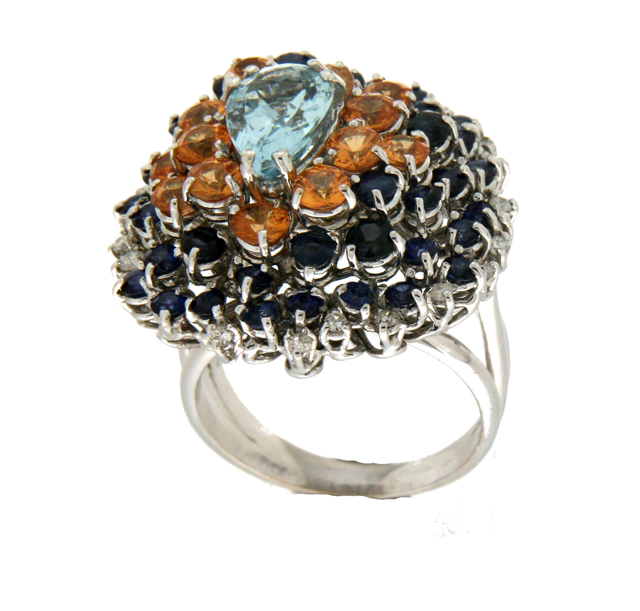 Mixed Cut Handcraft Aquamarine 18 Karat White Gold Diamonds Sapphires Cocktail Ring