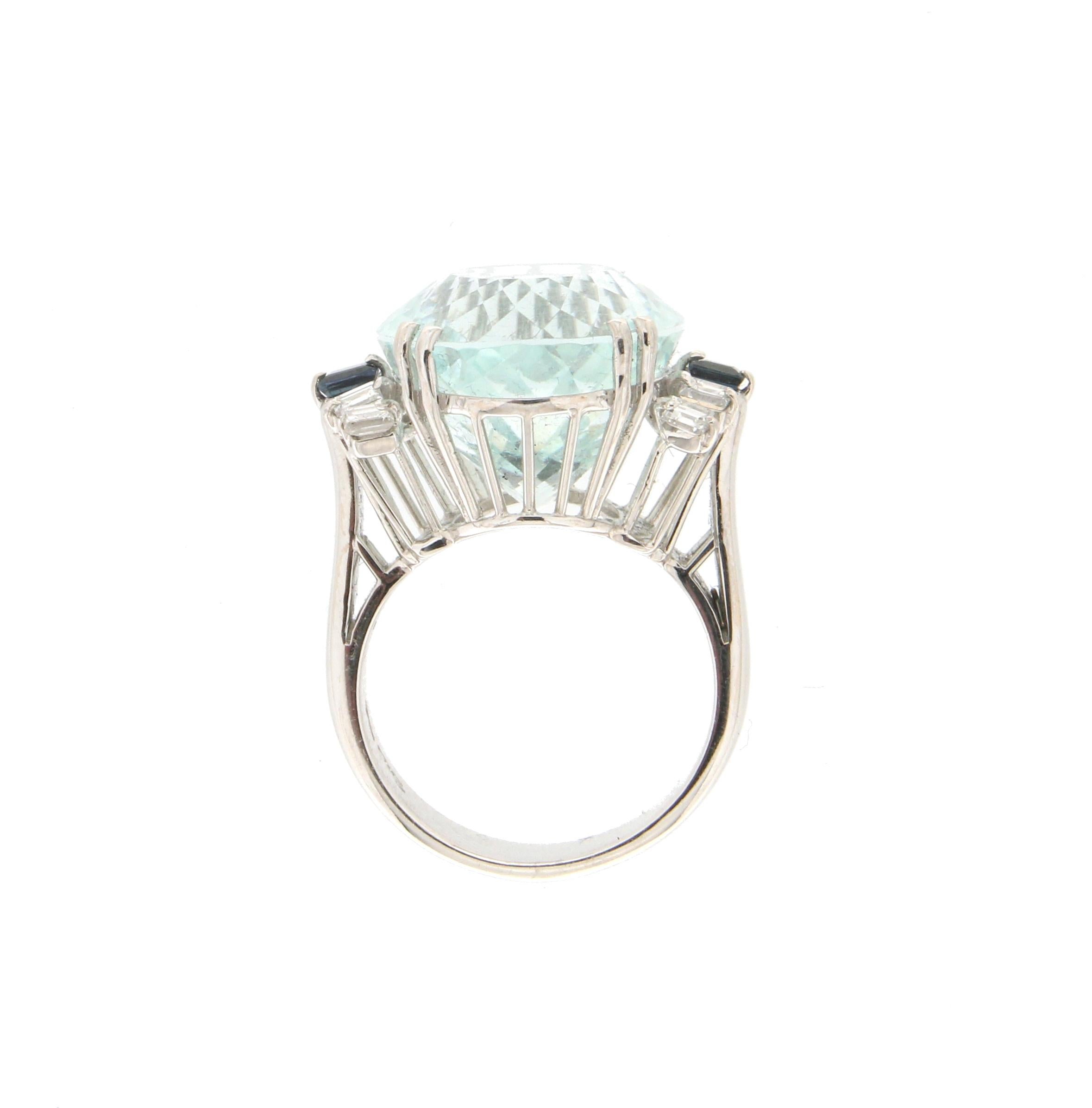 Brilliant Cut Handcraft Aquamarine 18 Karat White Gold Diamonds Sapphires Cocktail Ring For Sale