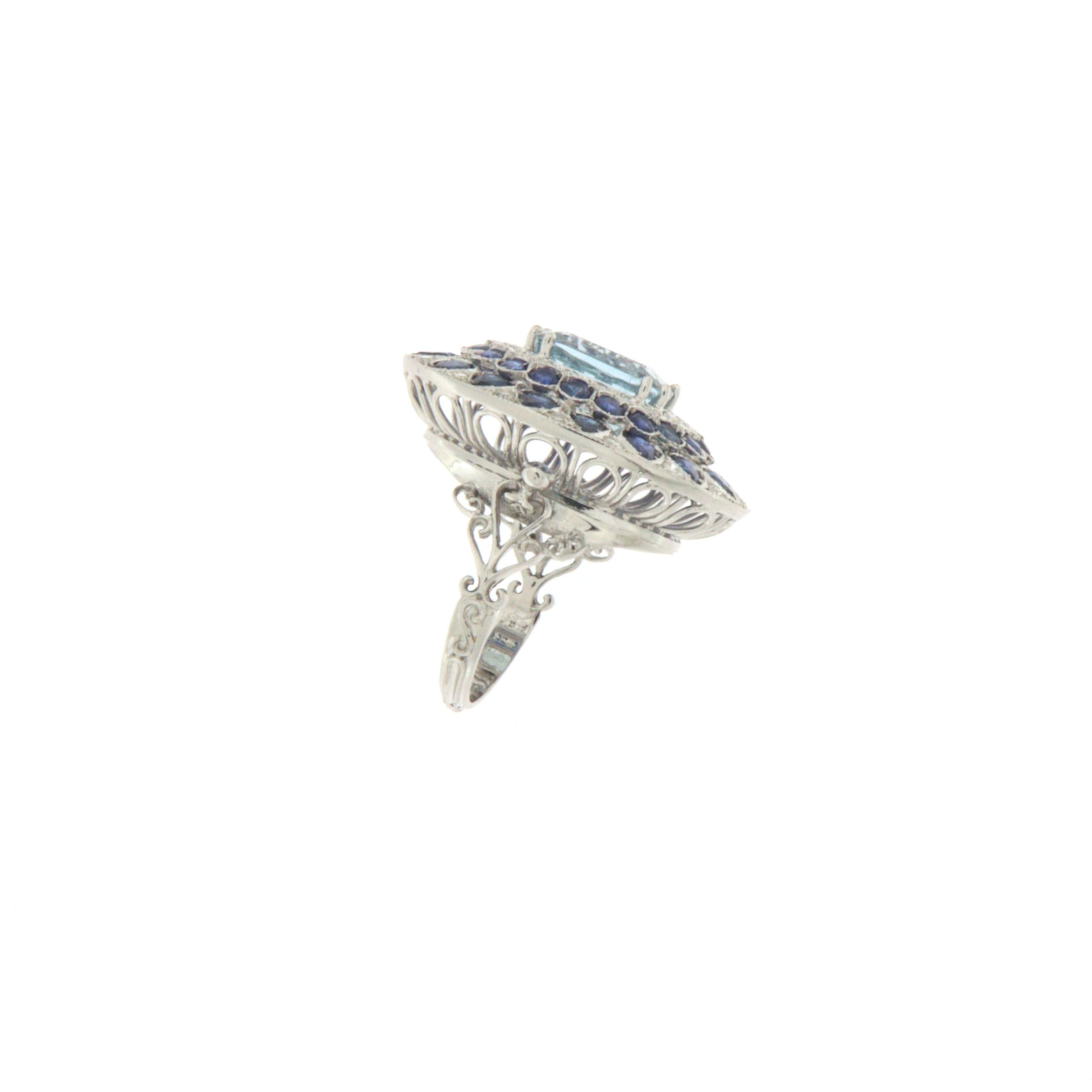 Brilliant Cut  Aquamarine Diamonds Sapphires 18 Karat White Gold Cocktail Ring For Sale