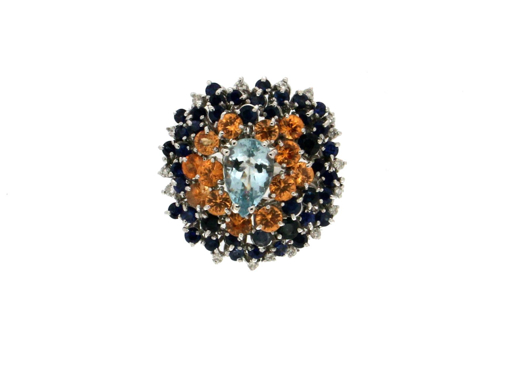 Handcraft Aquamarine 18 Karat White Gold Diamonds Sapphires Cocktail Ring In New Condition In Marcianise, IT