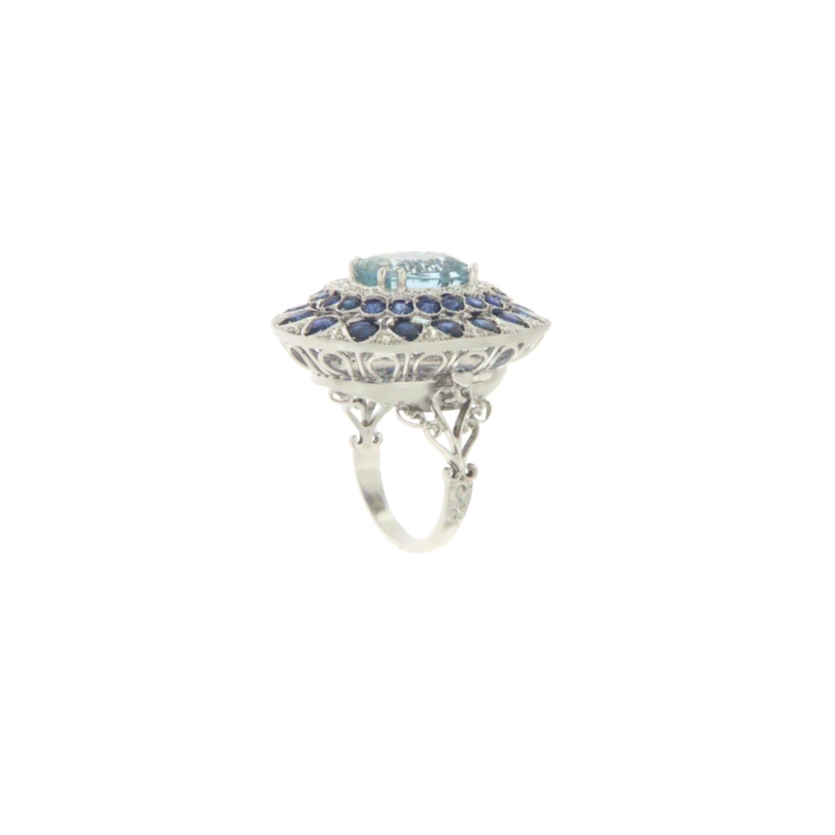 Women's  Aquamarine Diamonds Sapphires 18 Karat White Gold Cocktail Ring For Sale