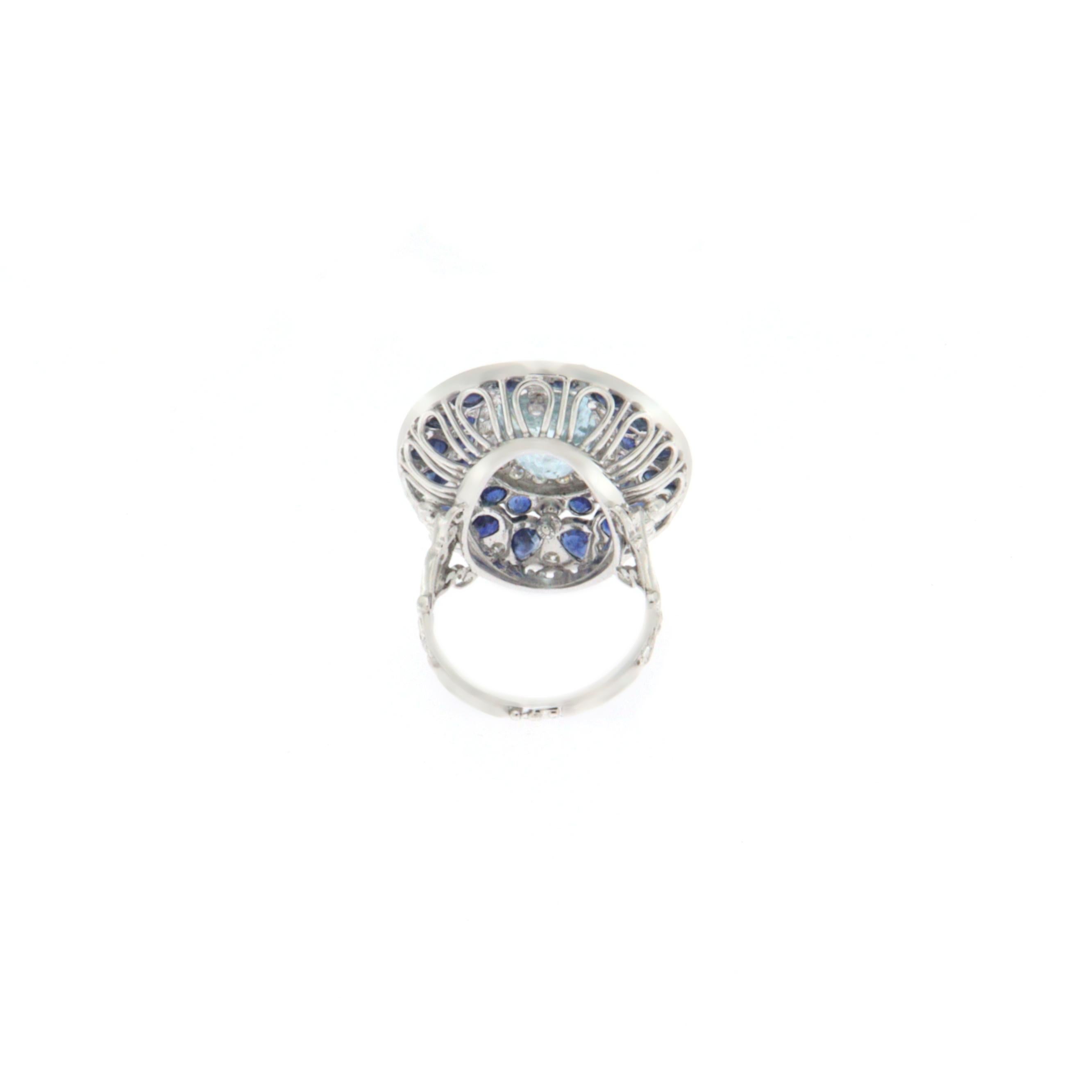 Aquamarine Diamonds Sapphires 18 Karat White Gold Cocktail Ring For Sale 1