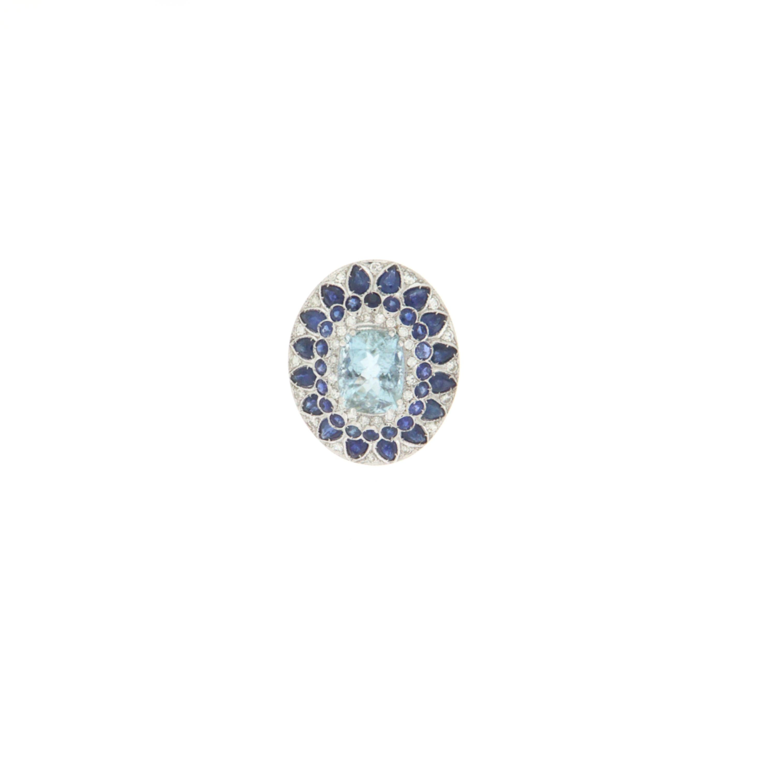  Aquamarine Diamonds Sapphires 18 Karat White Gold Cocktail Ring For Sale 2
