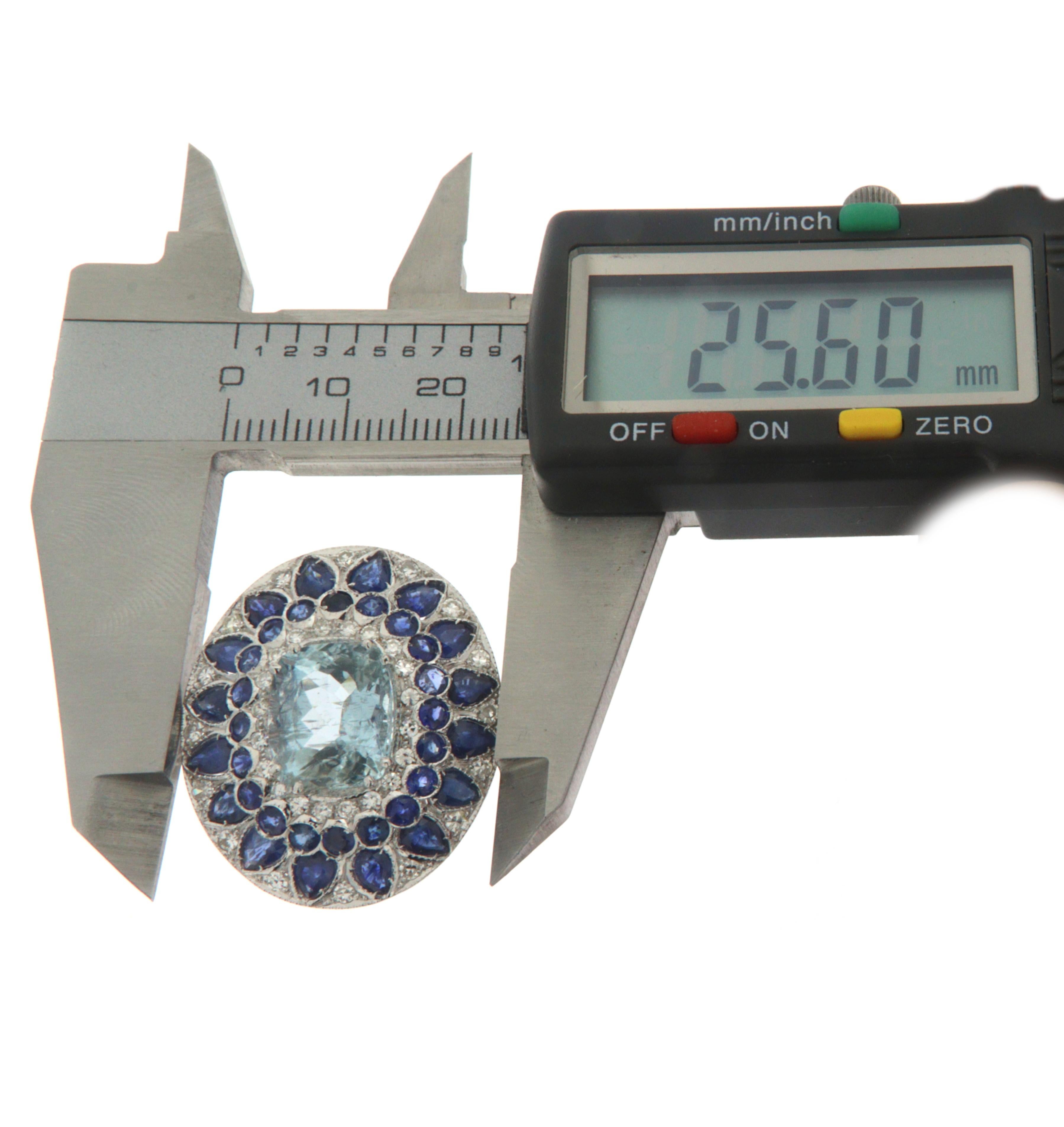  Aquamarine Diamonds Sapphires 18 Karat White Gold Cocktail Ring For Sale 3