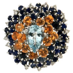 Handcraft Aquamarine 18 Karat White Gold Diamonds Sapphires Cocktail Ring