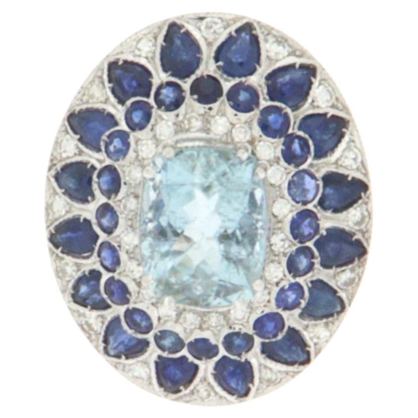  Aquamarine Diamonds Sapphires 18 Karat White Gold Cocktail Ring For Sale
