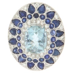  Aquamarine Diamonds Sapphires 18 Karat White Gold Cocktail Ring