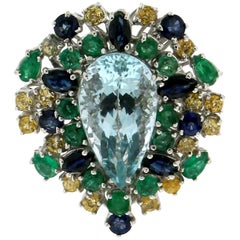 Handcraft Aquamarine 18 Karat White Gold Emeralds Sapphires Cocktail Ring