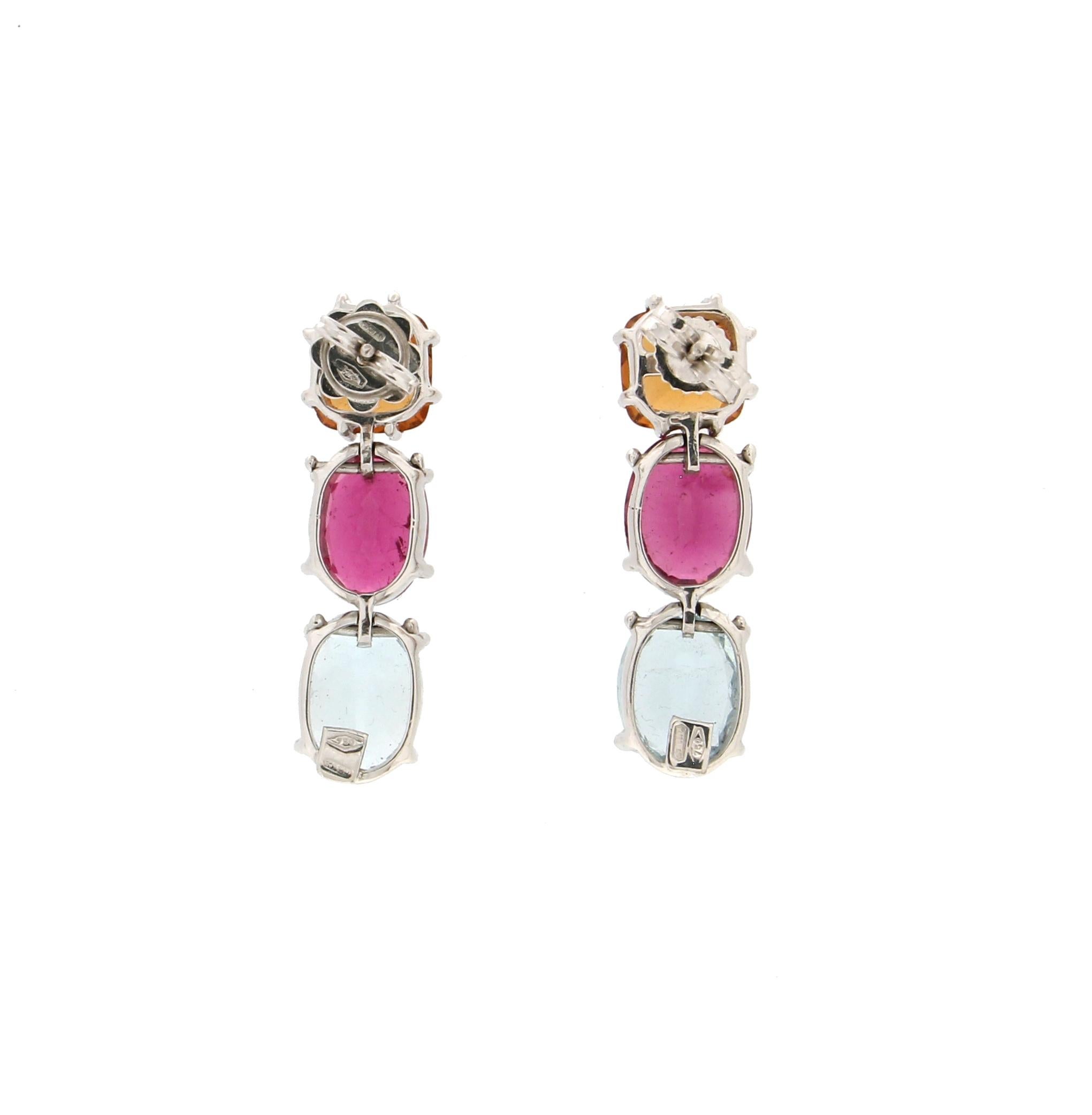 Handcraft Aquamarine 18 Karat White Gold Tourmaline Citrine Drop Earrings In New Condition For Sale In Marcianise, IT
