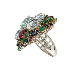 Handcraft Aquamarine 18 Karat Yellow and White Gold Diamonds Cocktail Ring