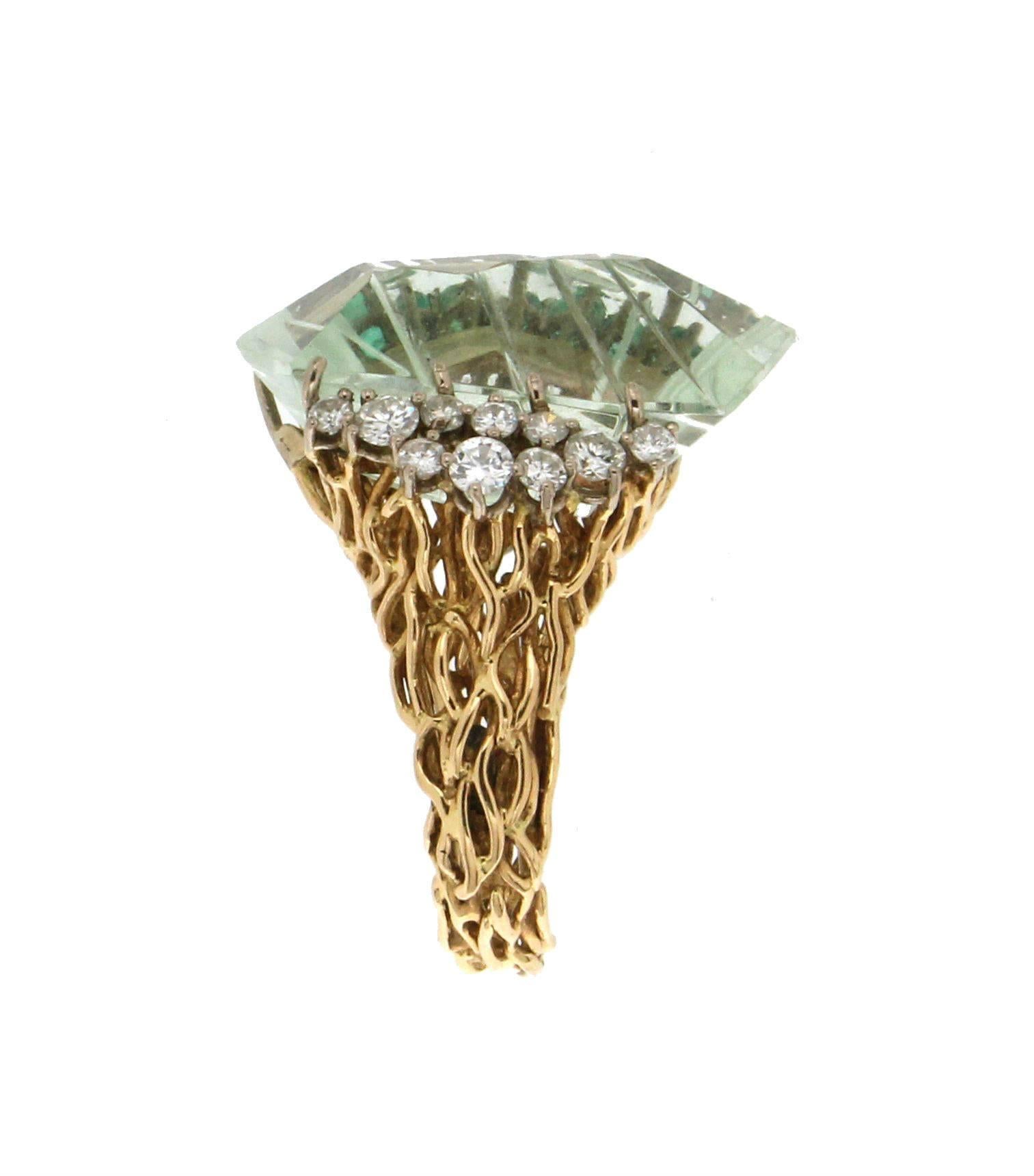 Artisan Handcraft Aquamarine 18 Karat Yellow Gold Diamonds Emeralds Cocktail Ring For Sale