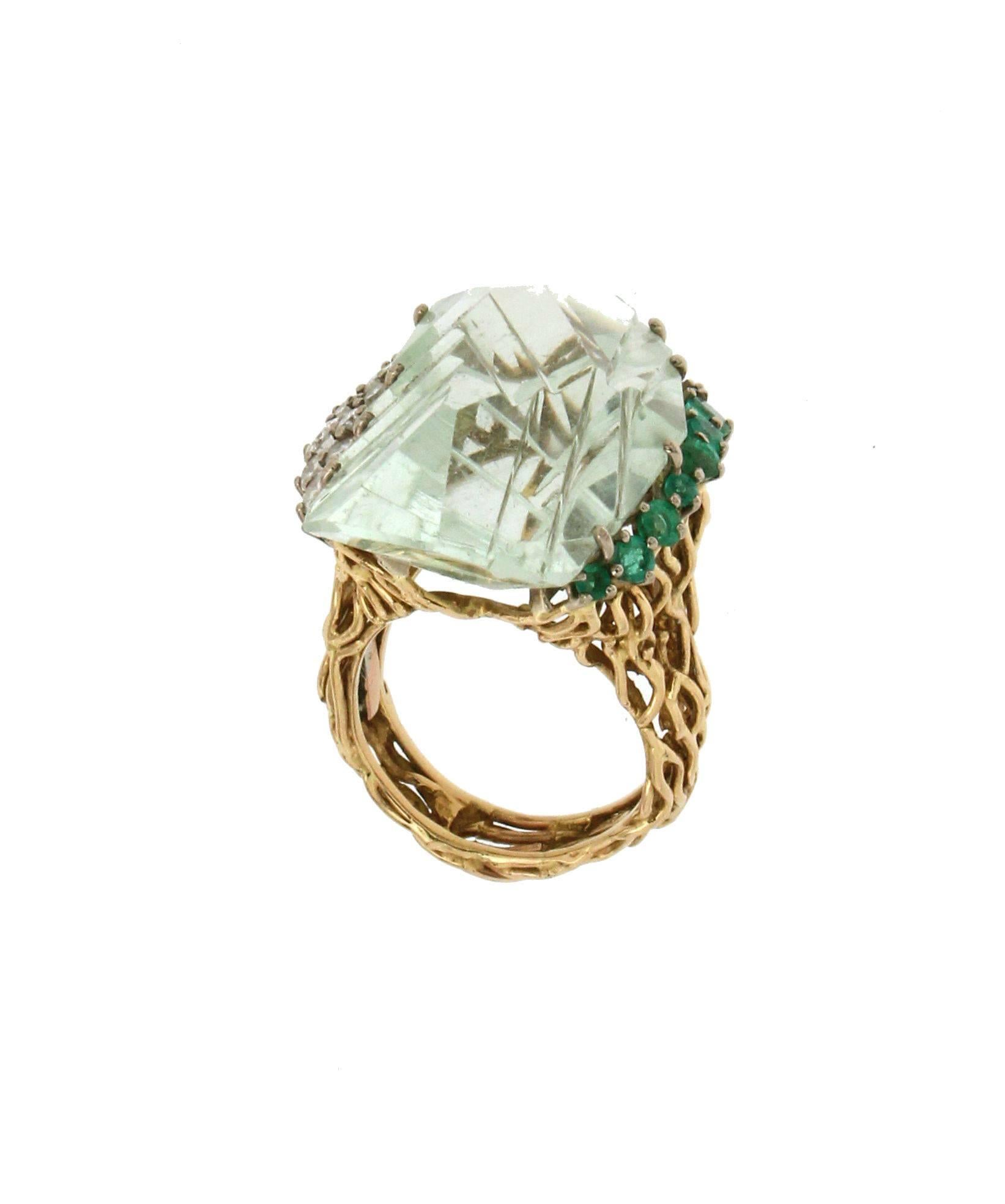 Women's Handcraft Aquamarine 18 Karat Yellow Gold Diamonds Emeralds Cocktail Ring For Sale