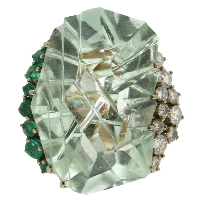 Handcraft Aquamarine 18 Karat Yellow Gold Diamonds Emeralds Cocktail Ring For Sale