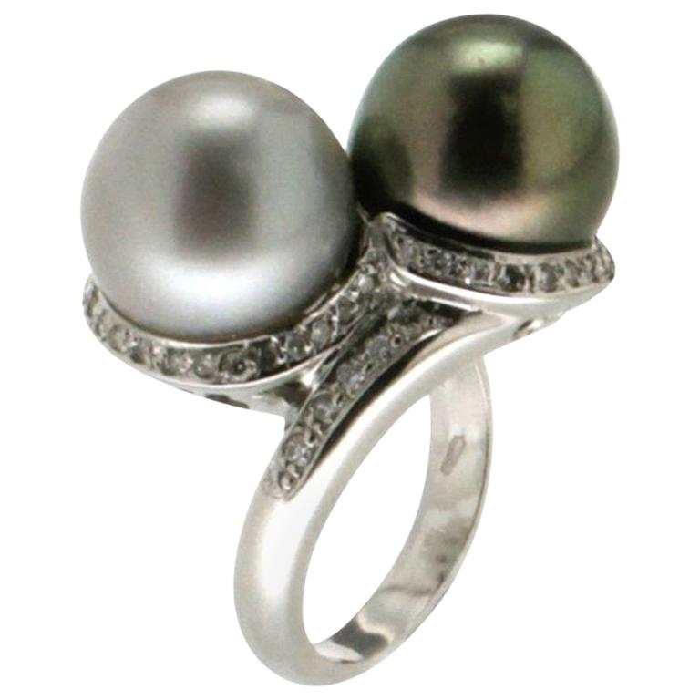 Handcraft Australian and Tahiti Pearl 18 Karat White Gold Diamonds Cocktail Ring For Sale